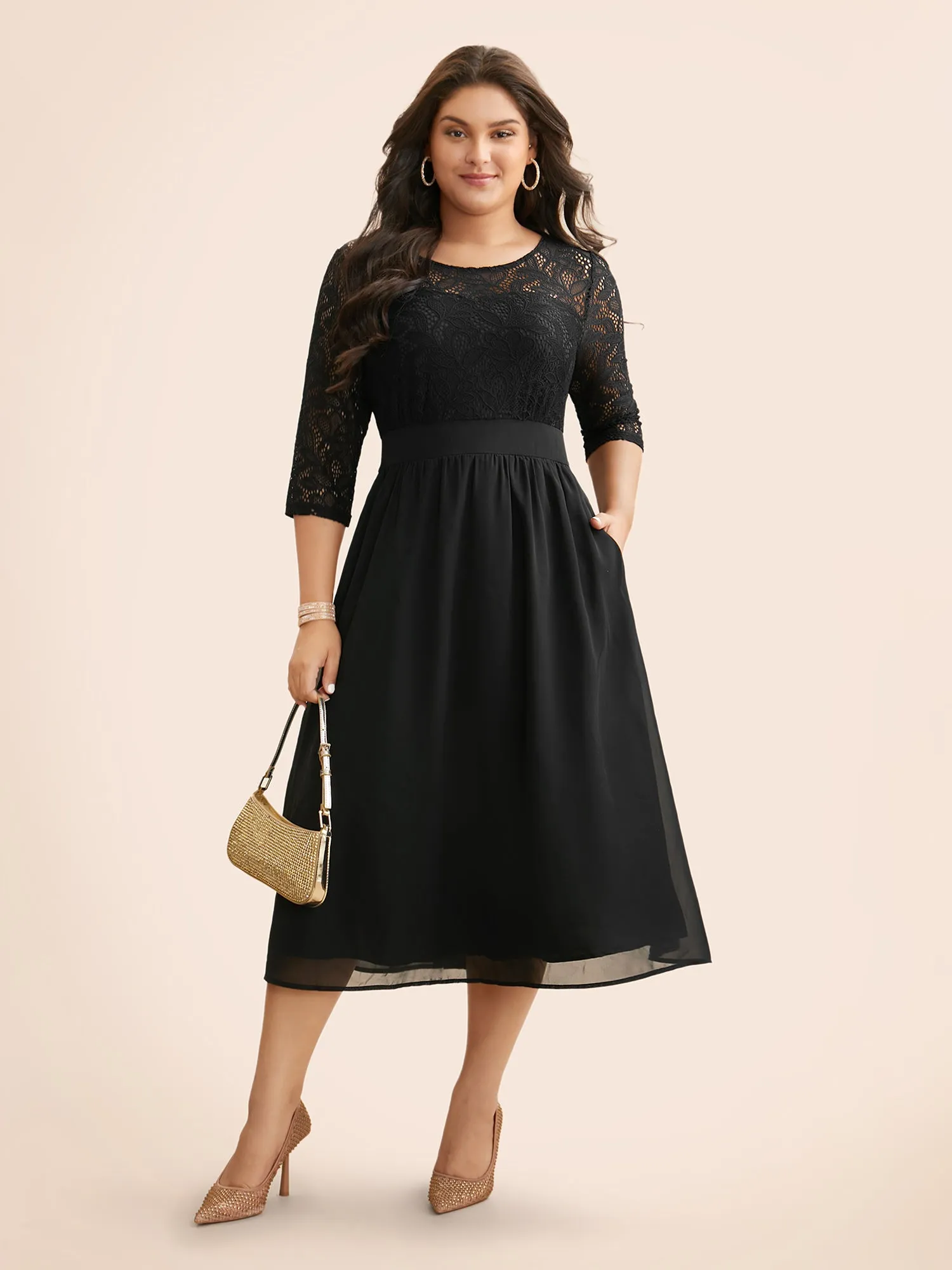 Lace Patchwork Shirred Midi Pocket Dress sold by Bloomchic product image thumbnail 3