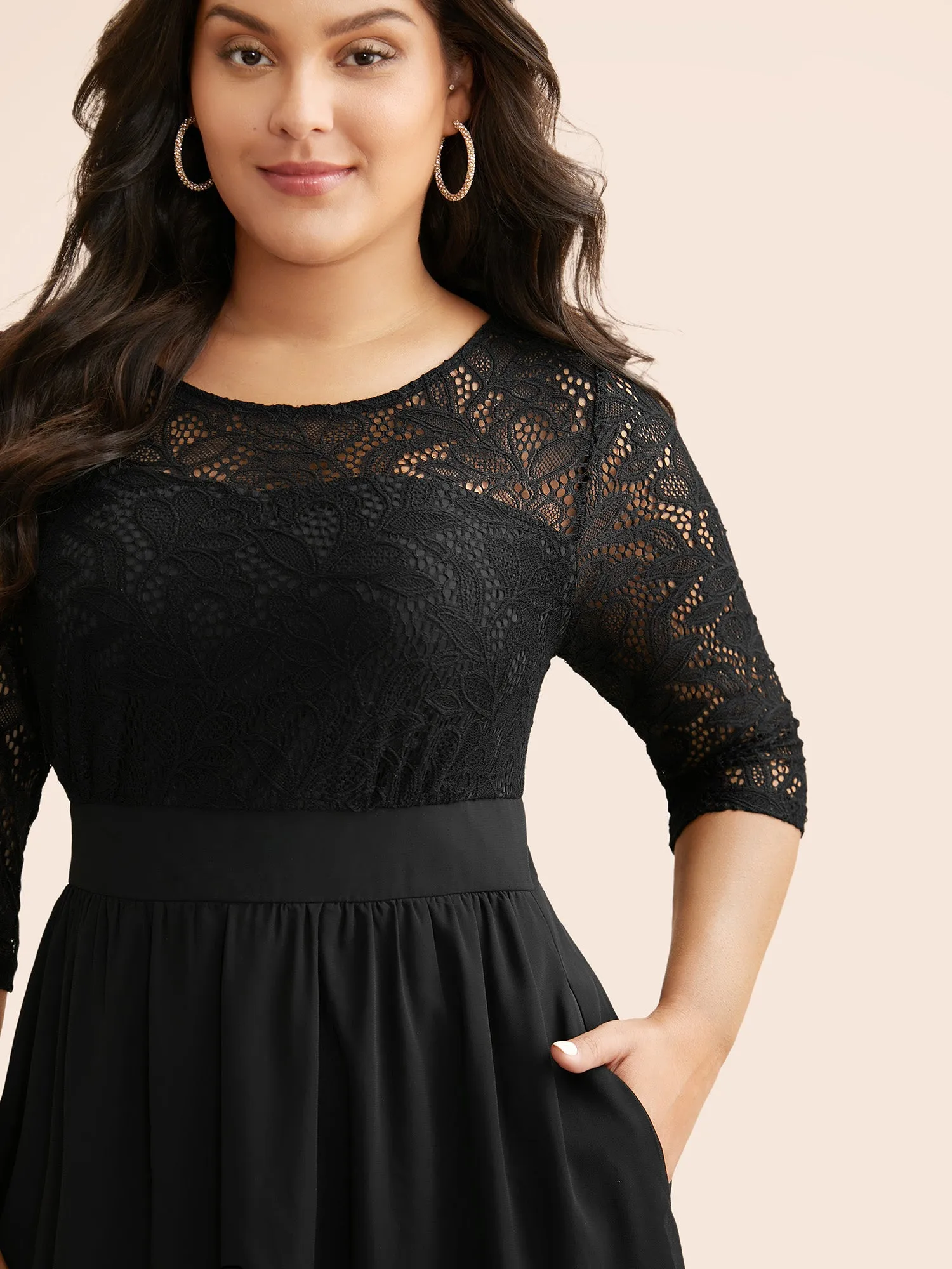 Lace Patchwork Shirred Midi Pocket Dress sold by Bloomchic product image thumbnail 2