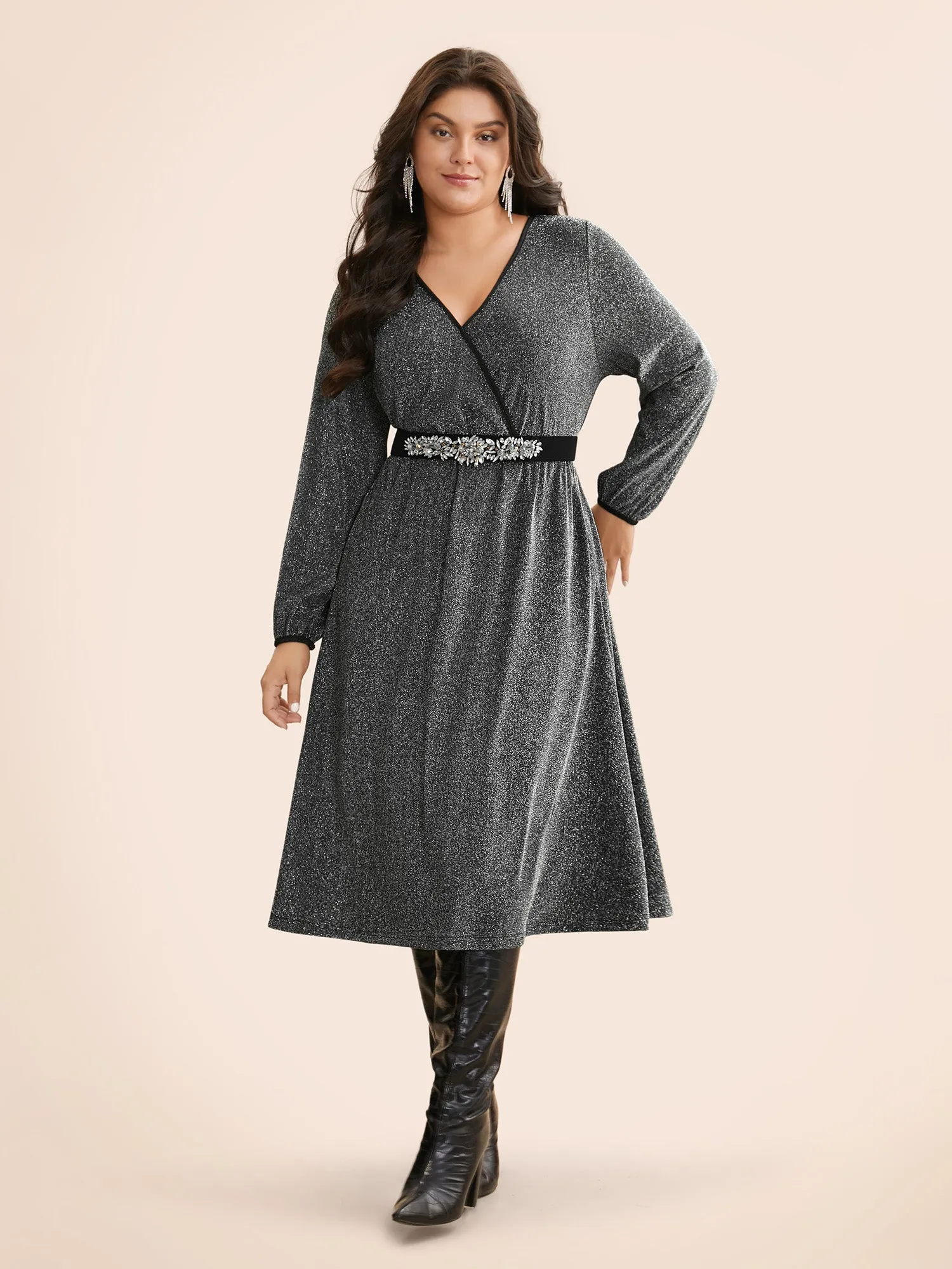 Overlap Collar Luxe Lantern Sleeve Dress sold by Bloomchic product image thumbnail 3