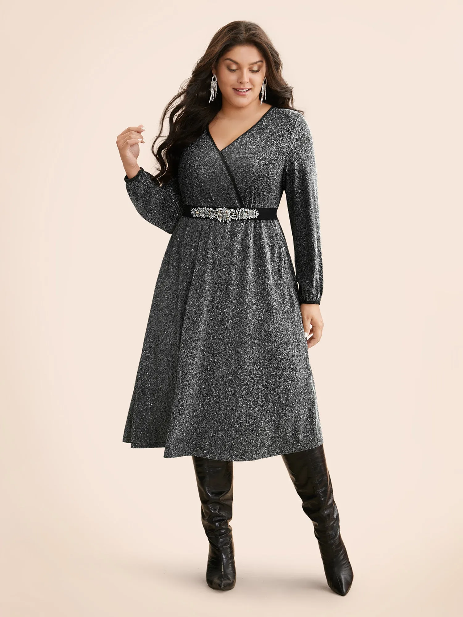 Overlap Collar Luxe Lantern Sleeve Dress sold by Bloomchic