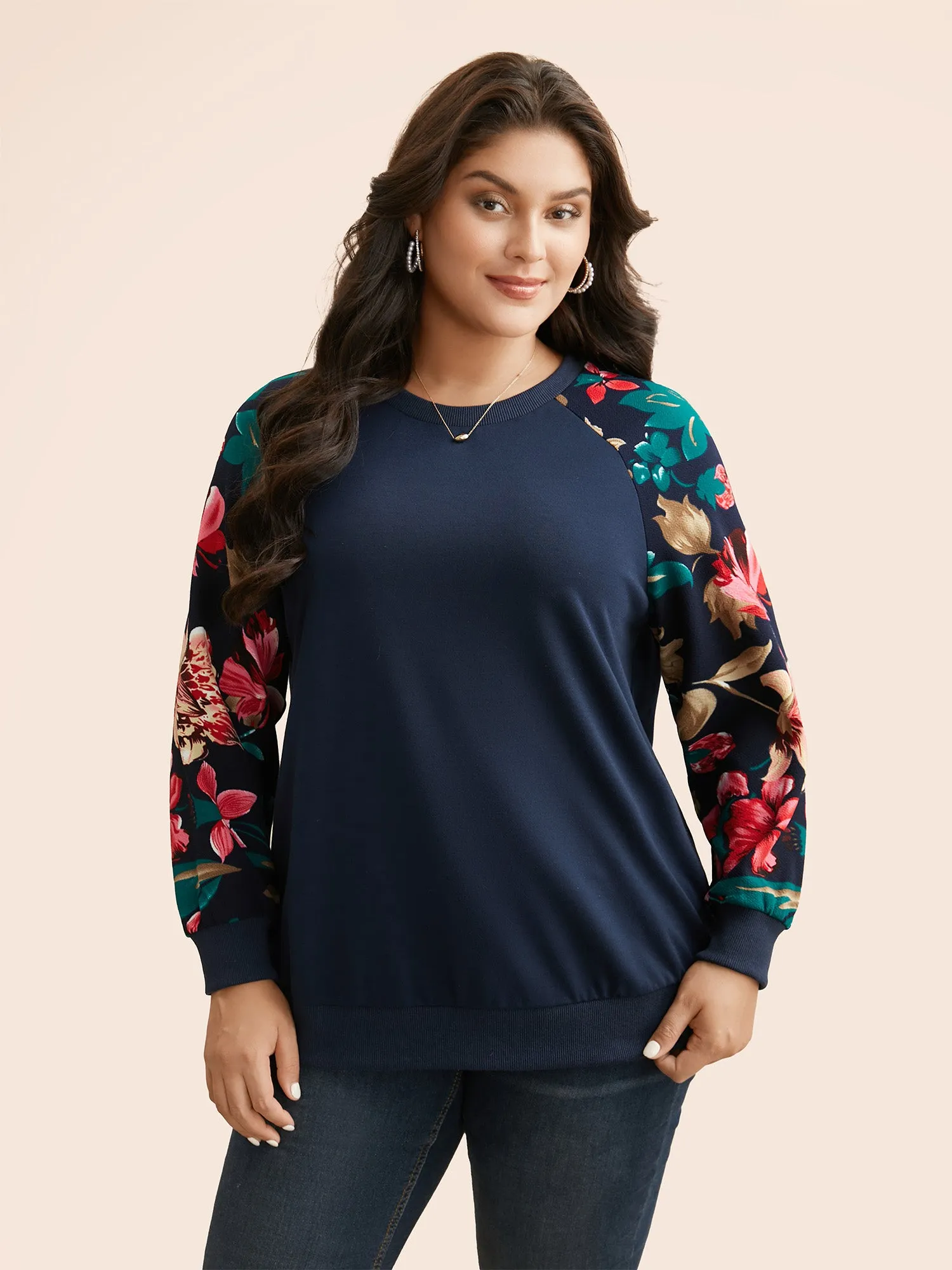 Floral Patchwork Raglan Sleeve Sweatshirt sold by Bloomchic