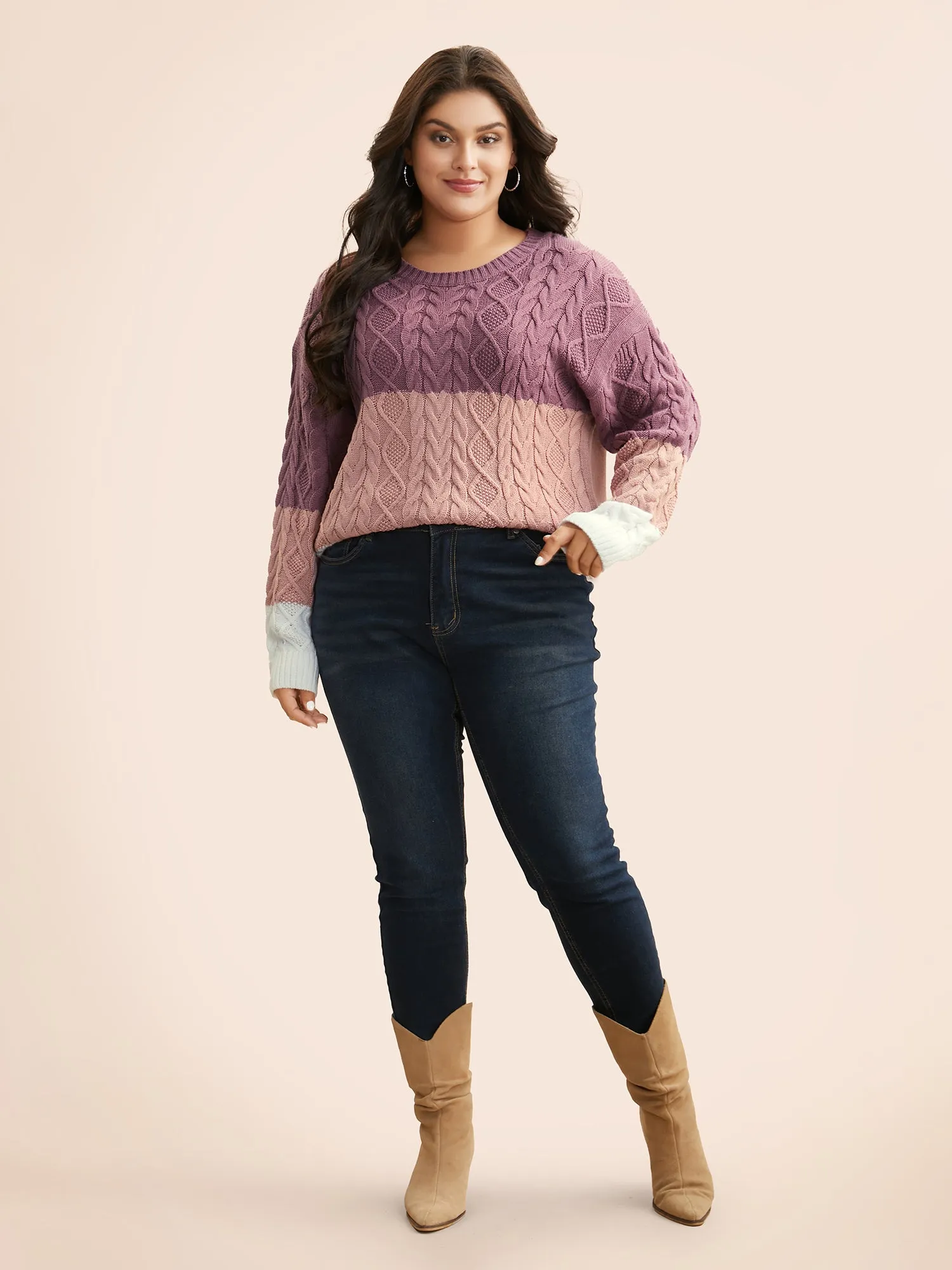 Contrast Cable Knit Arc Hem Pullover sold by Bloomchic product image thumbnail 4