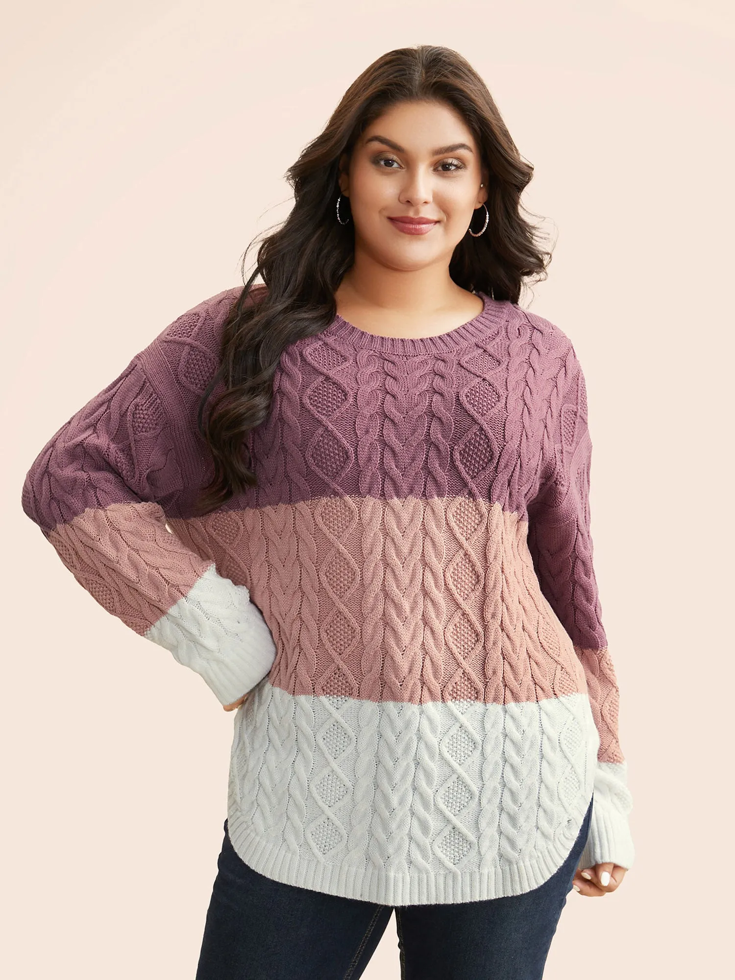 Contrast Cable Knit Arc Hem Pullover sold by Bloomchic product image thumbnail 3