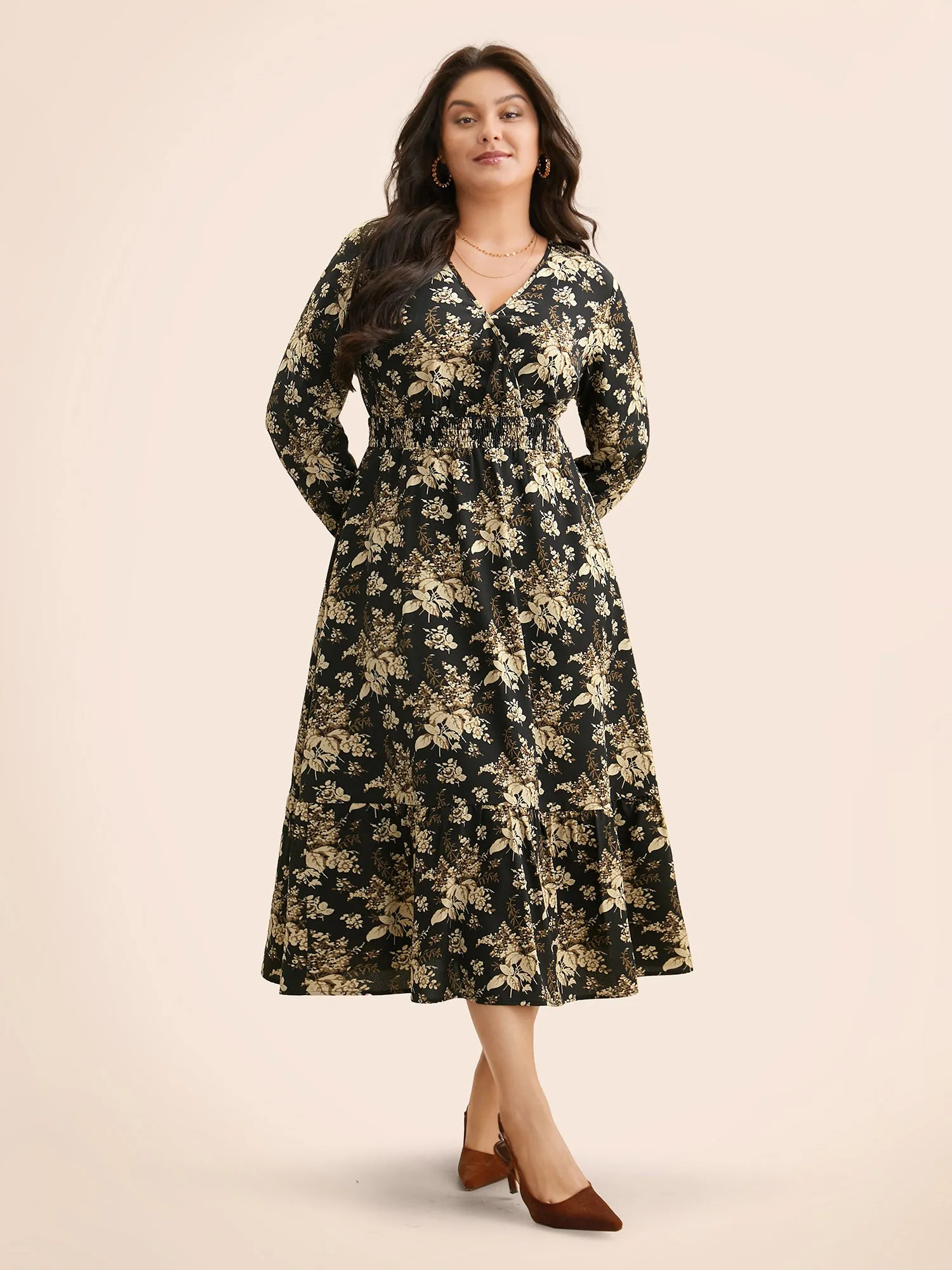 Floral Overlap Collar Shirred Midi Dress sold by Bloomchic product image thumbnail 3