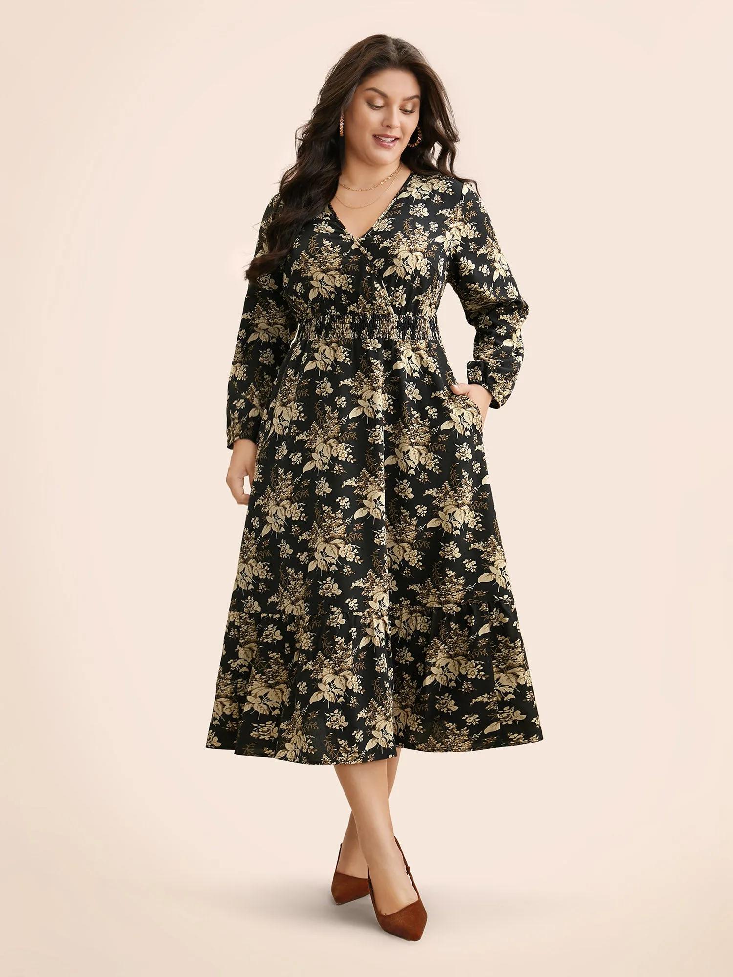 Floral Overlap Collar Shirred Midi Dress sold by Bloomchic