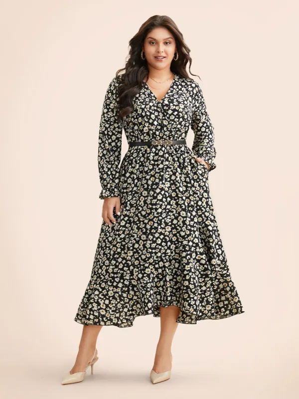 Ditsy Floral Overlap Collar Midi Dress sold by Bloomchic
