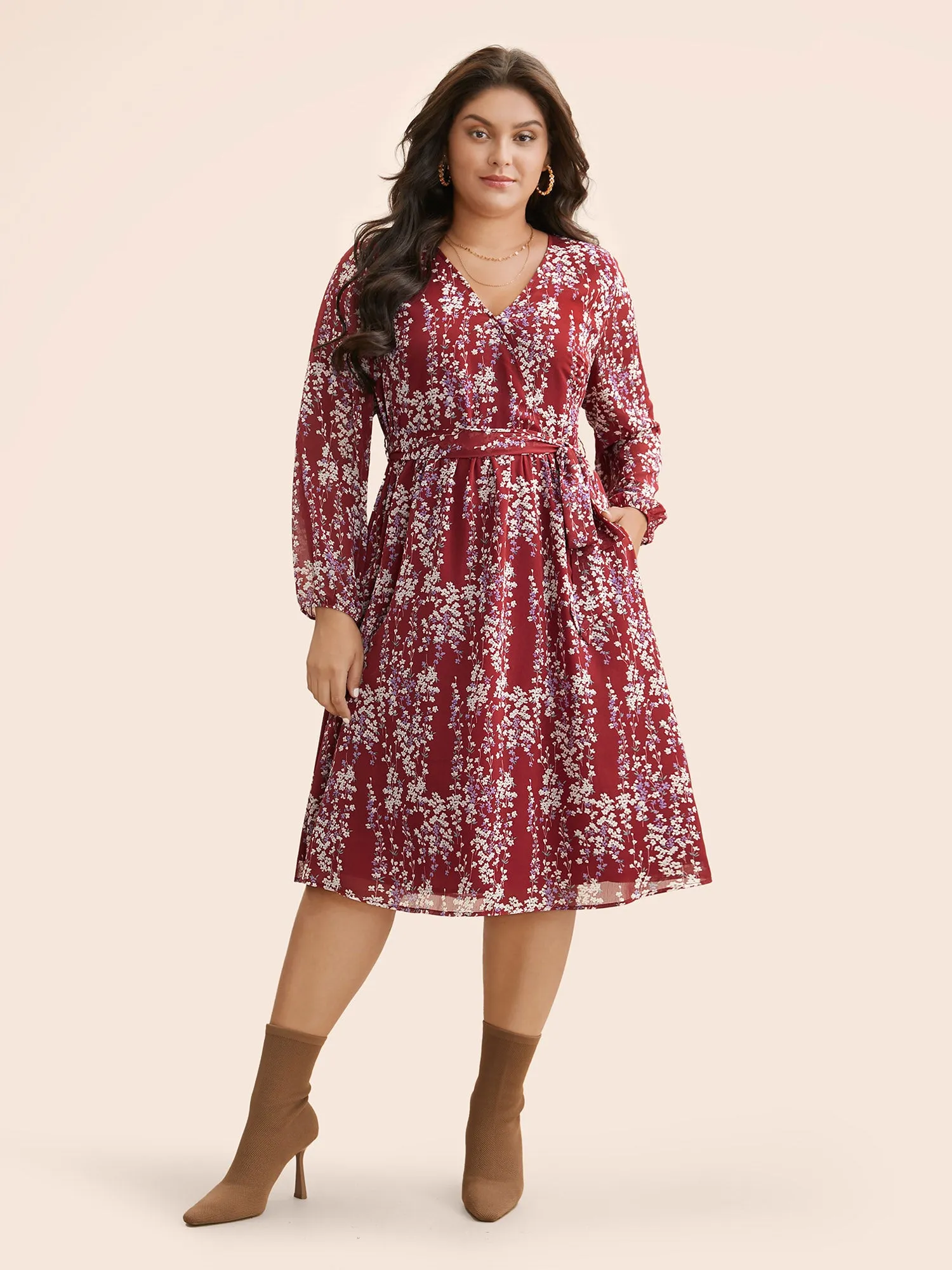 Ditsy Floral Overlap Collar Belted Dress sold by Bloomchic