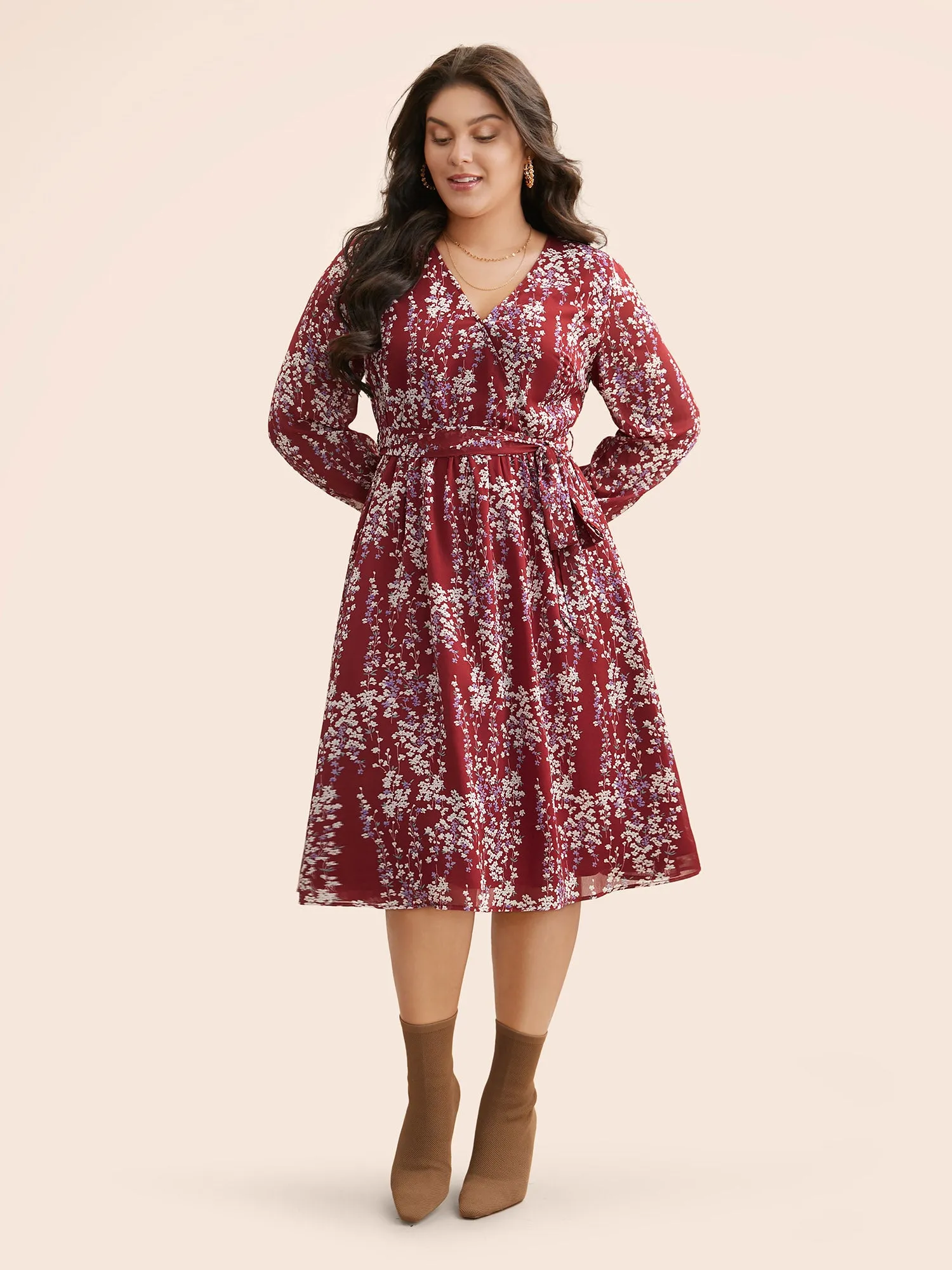Ditsy Floral Overlap Collar Belted Dress sold by Bloomchic product image thumbnail 3