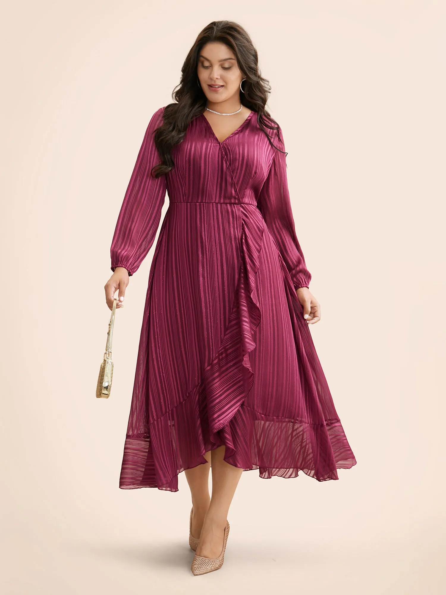 Chiffon Overlap Collar Ruffle Trim Dress sold by Bloomchic