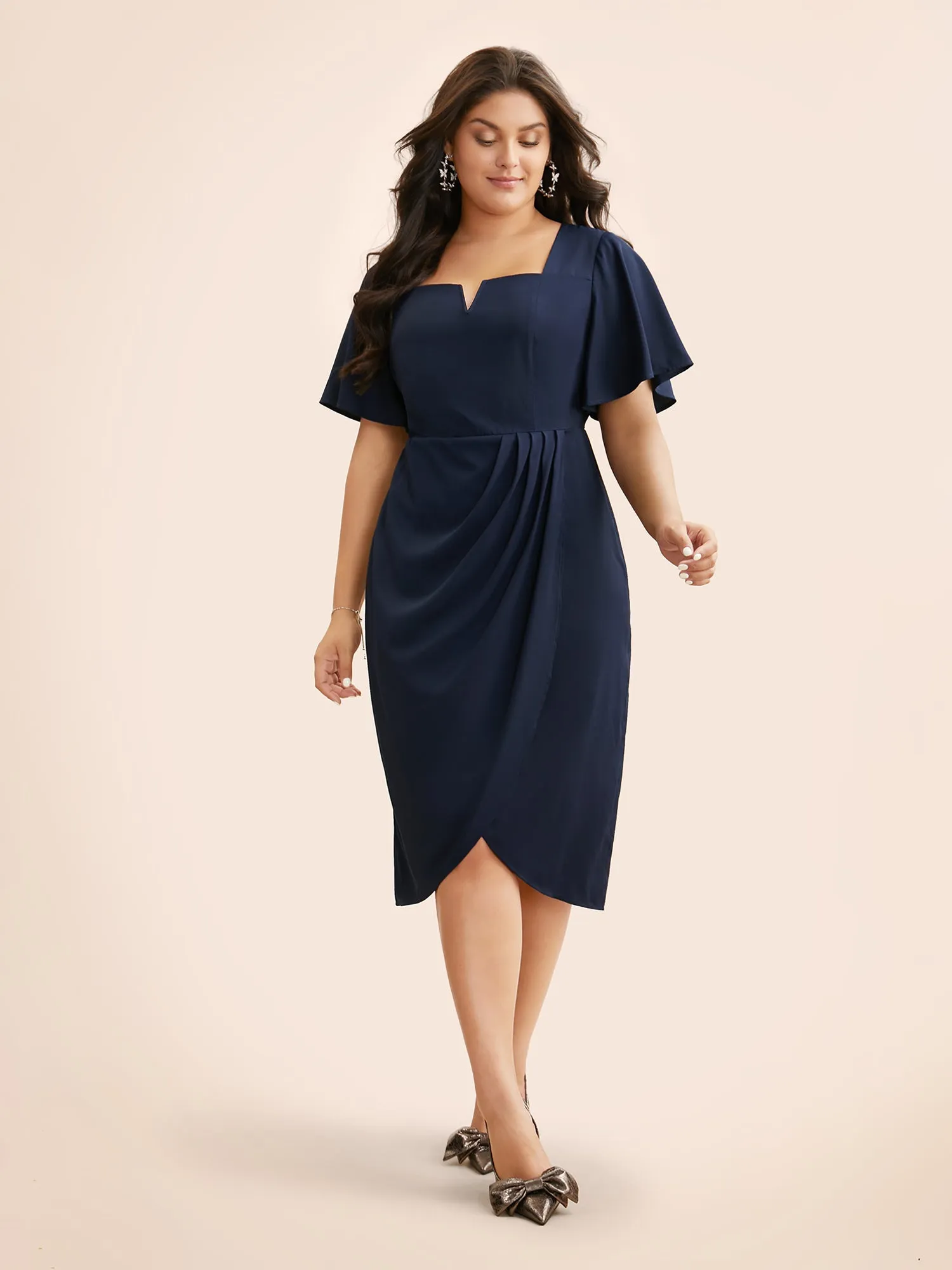 Notched Collar Pleated Ruffle Sleeve Dress sold by Bloomchic