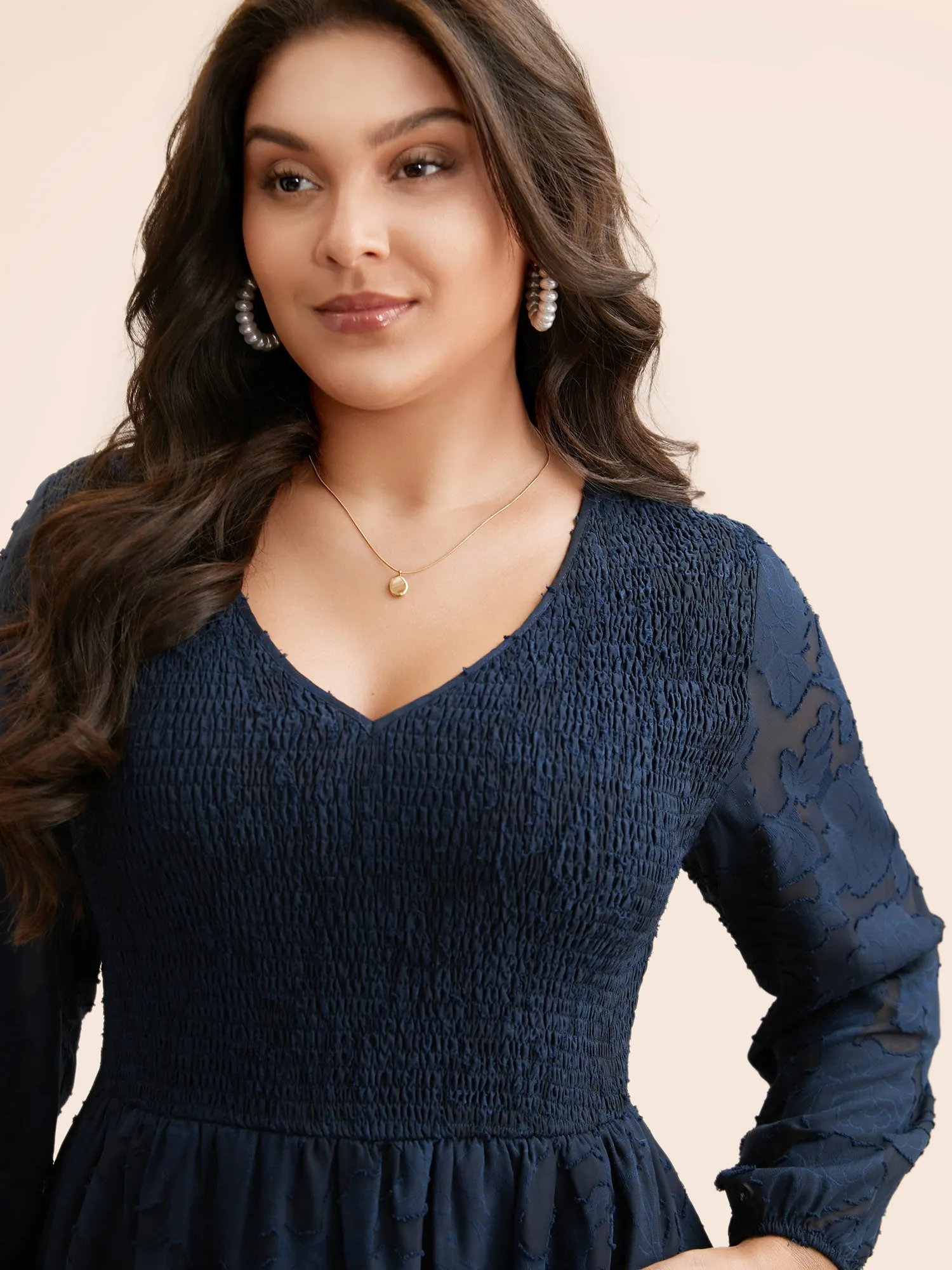 Solid Textured Shirred Elastic Waist Dress sold by Bloomchic product image thumbnail 2