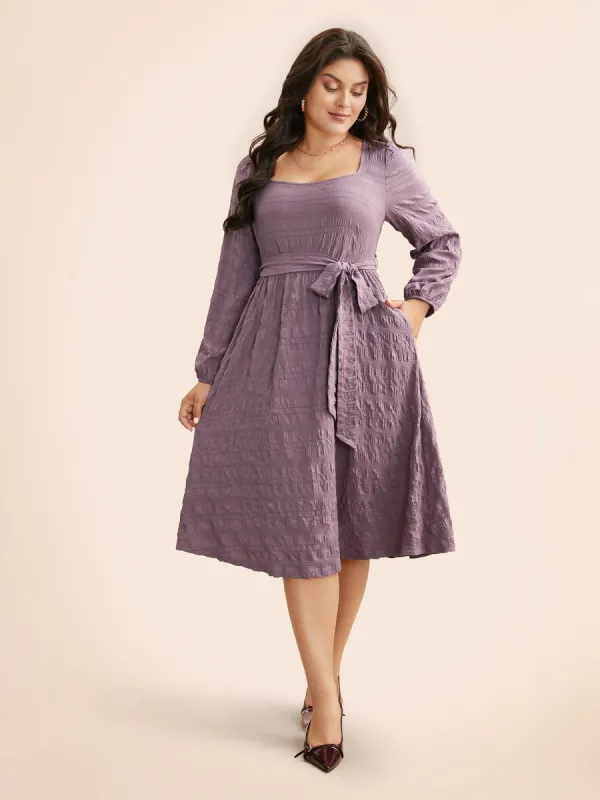 Square Neck Plain Textured Belted Dress sold by Bloomchic