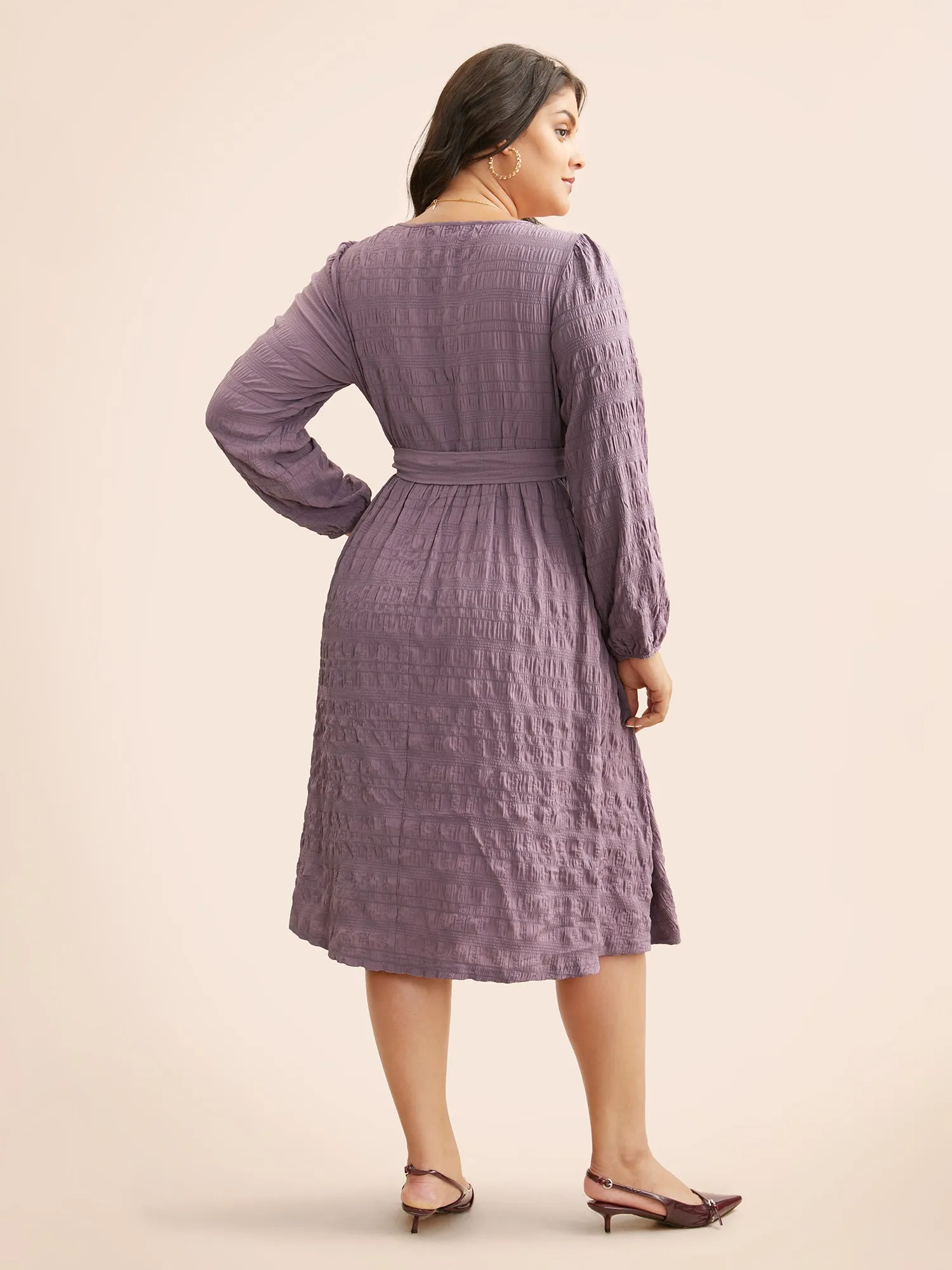 Square Neck Plain Textured Belted Dress sold by Bloomchic product image thumbnail 3