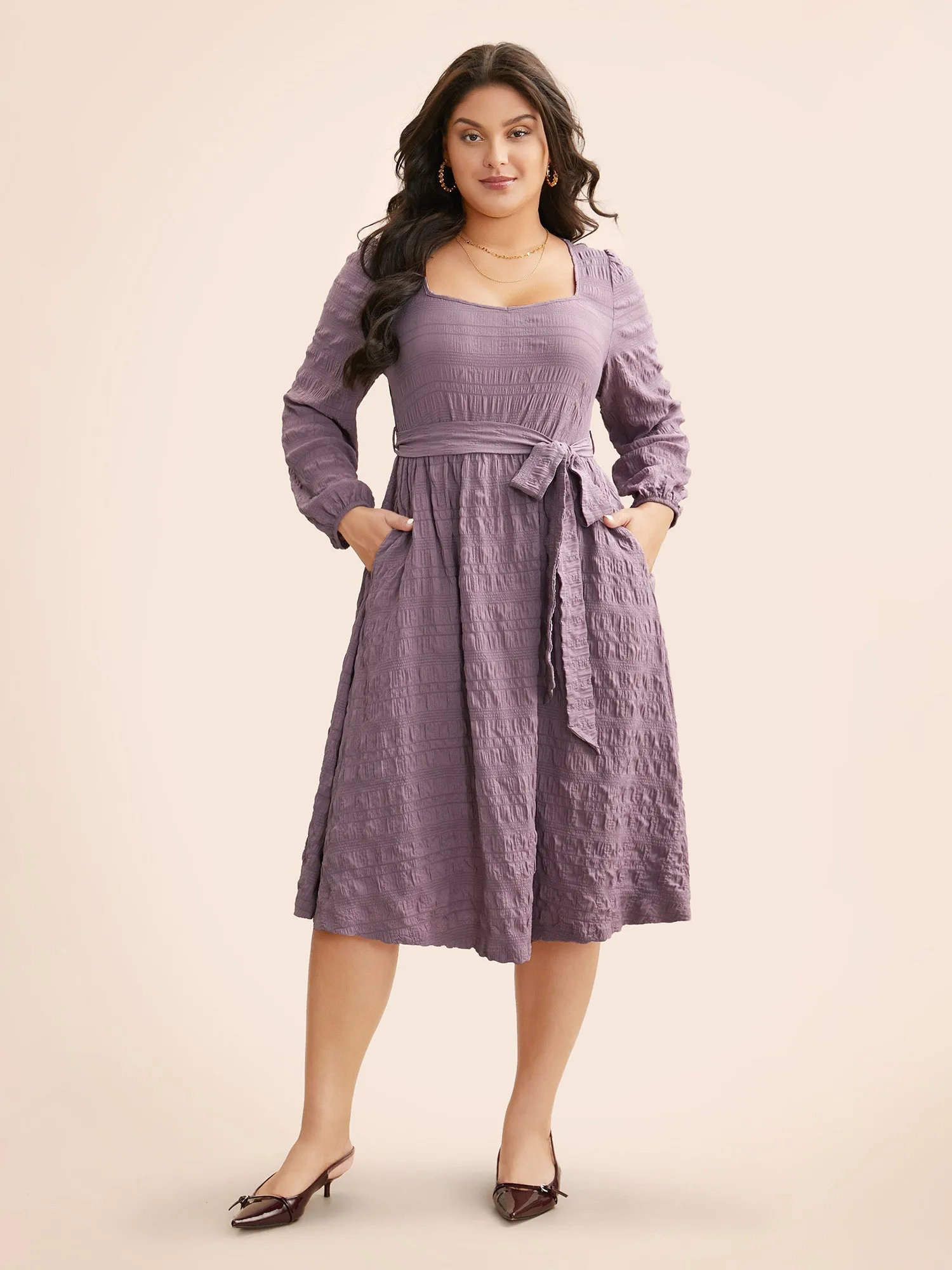 Square Neck Plain Textured Belted Dress sold by Bloomchic product image thumbnail 2