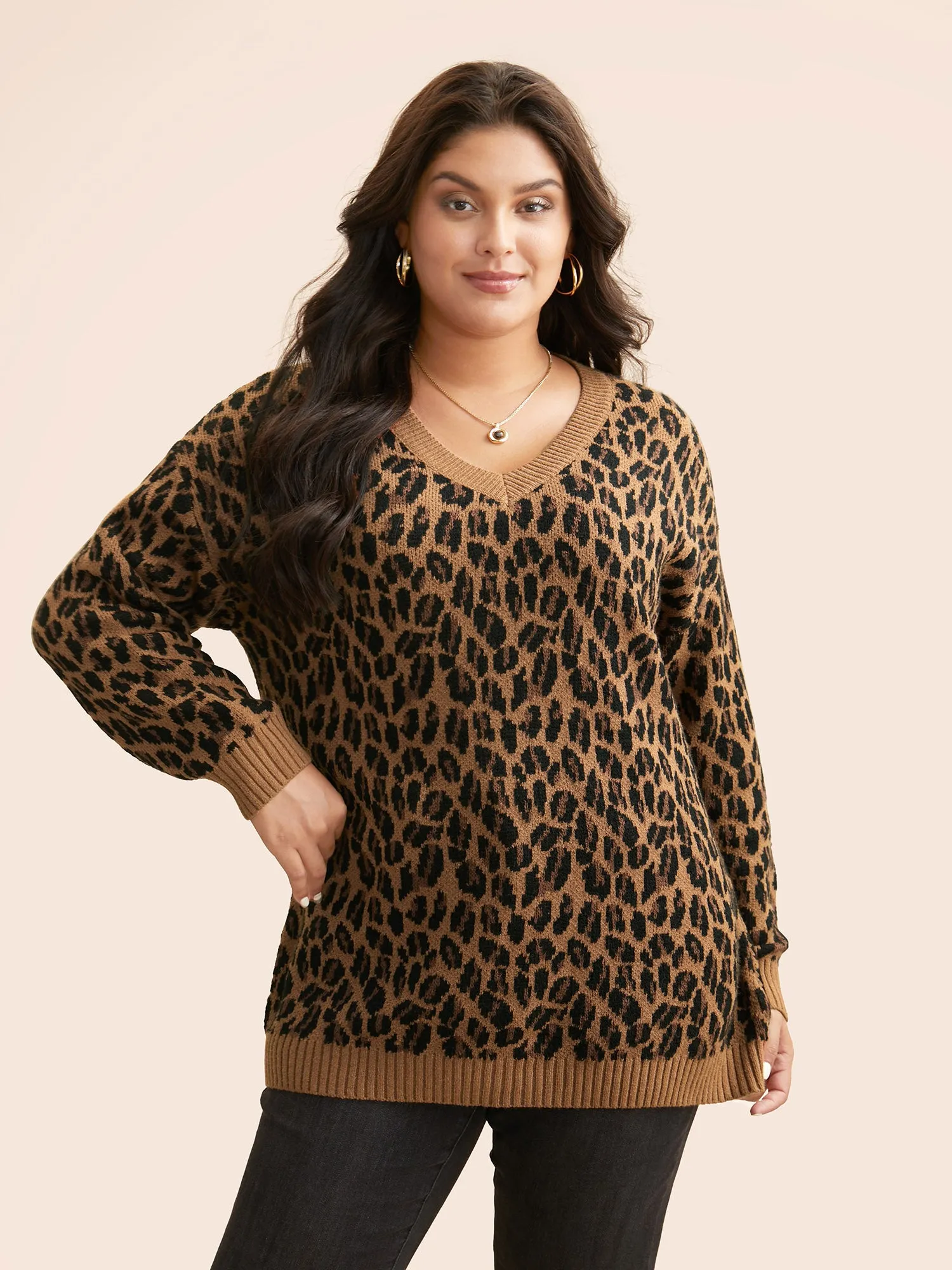 V Neck Leopard Print Jacquard Pullover sold by Bloomchic product image thumbnail 4