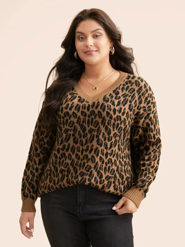 V Neck Leopard Print Jacquard Pullover sold by Bloomchic