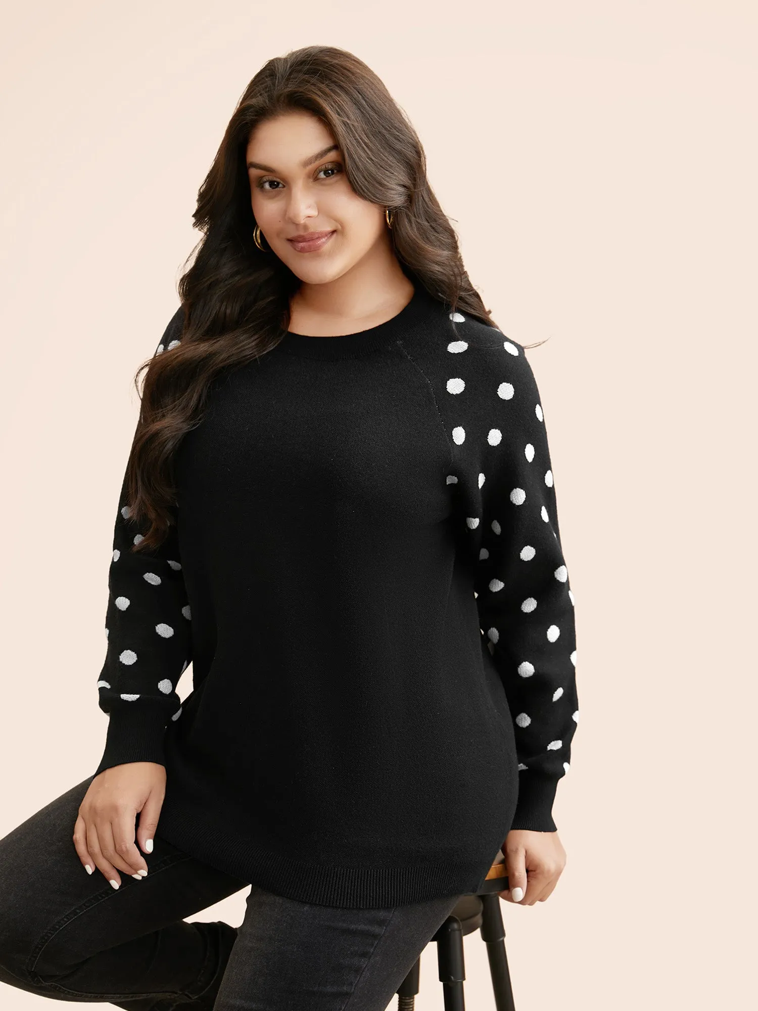 Polka Dot Crew Neck Raglan Sleeve Pullover sold by Bloomchic