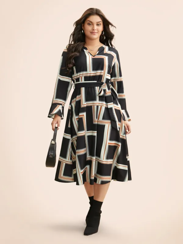 Notched Collar Geometric Contrast Belted Dress sold by Bloomchic