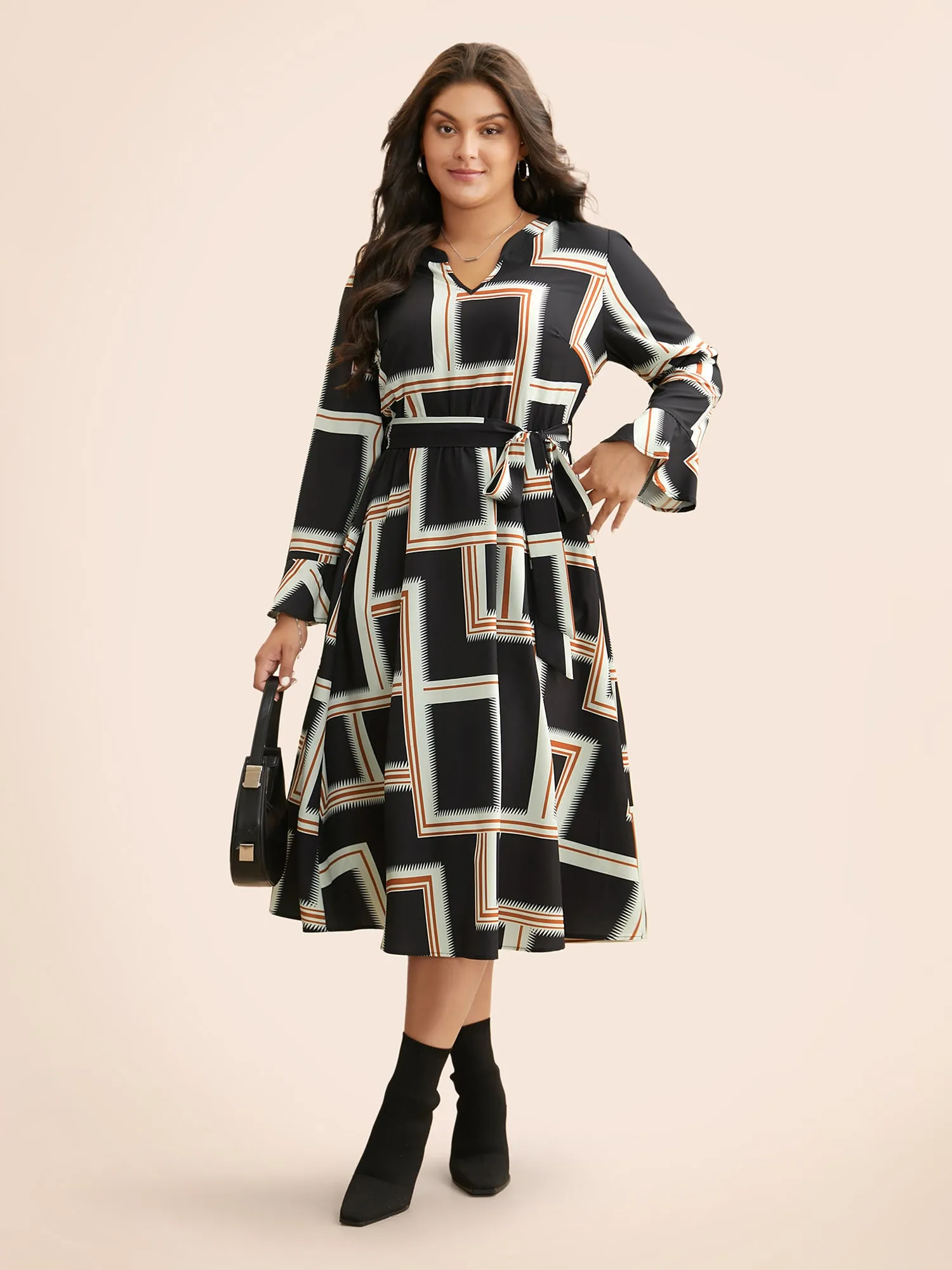 Notched Collar Geometric Contrast Belted Dress sold by Bloomchic product image thumbnail 3