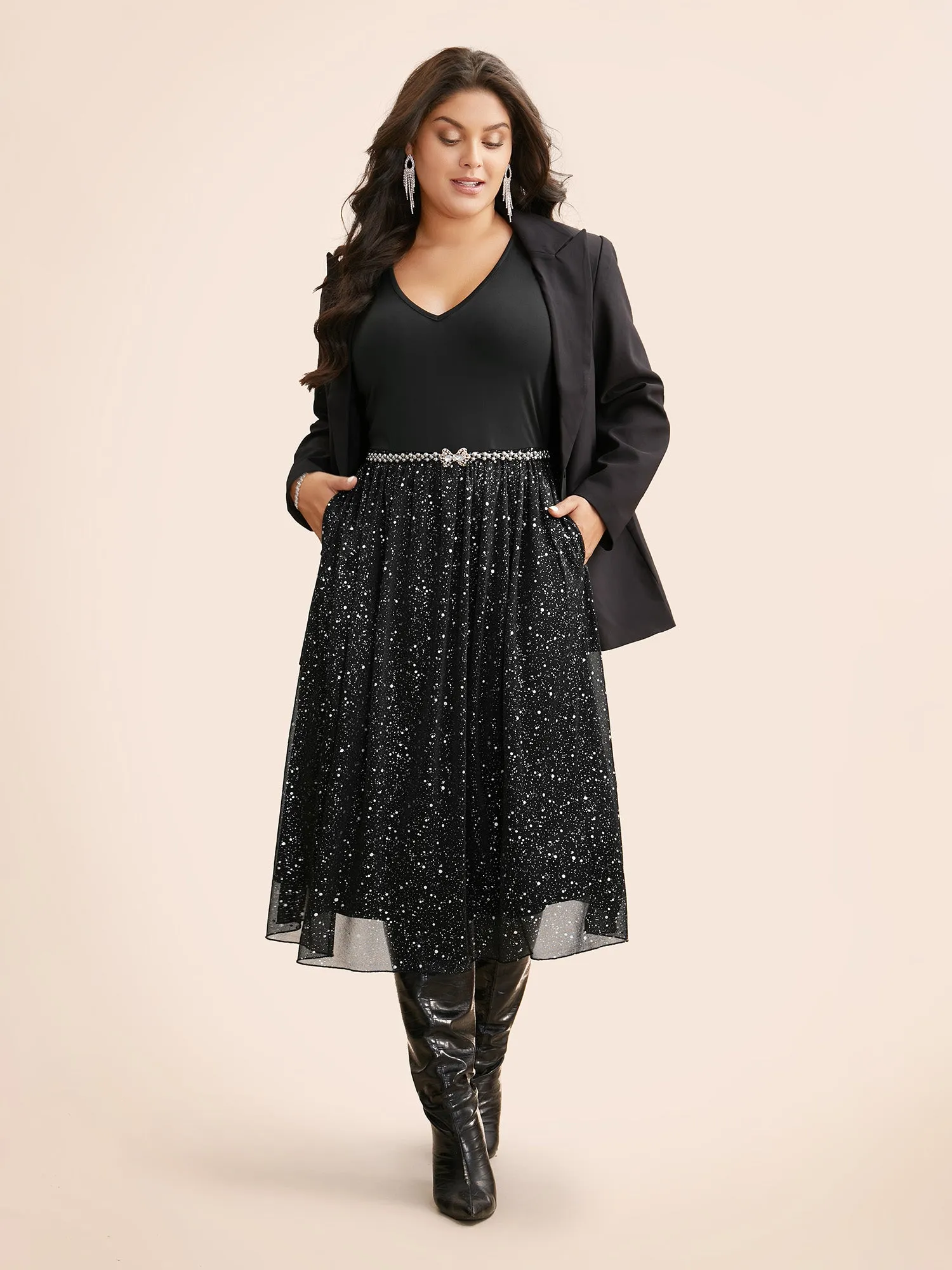 V Neck Glitter Patchwork Tank Dress sold by Bloomchic product image thumbnail 4