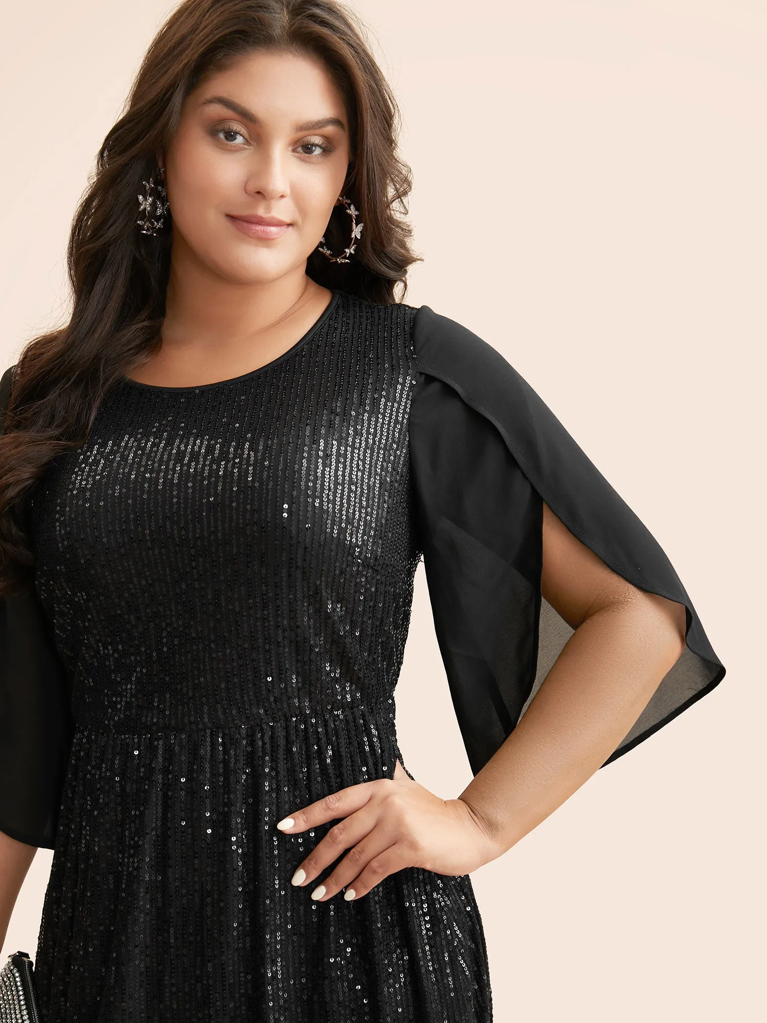 Sequin Mesh Patchwork Petal Sleeve Dress sold by Bloomchic product image thumbnail 3