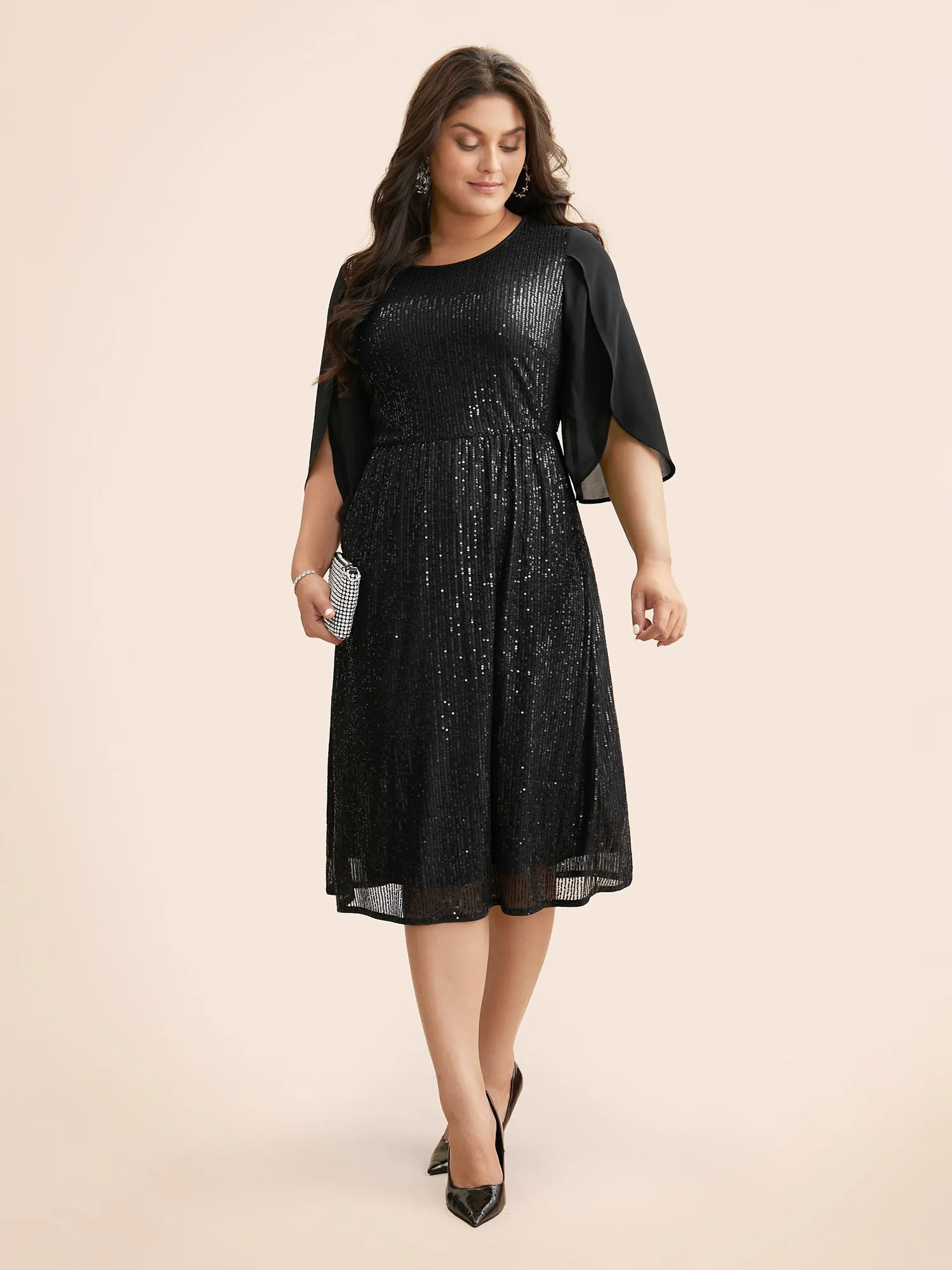 Sequin Mesh Patchwork Petal Sleeve Dress sold by Bloomchic product image thumbnail 2