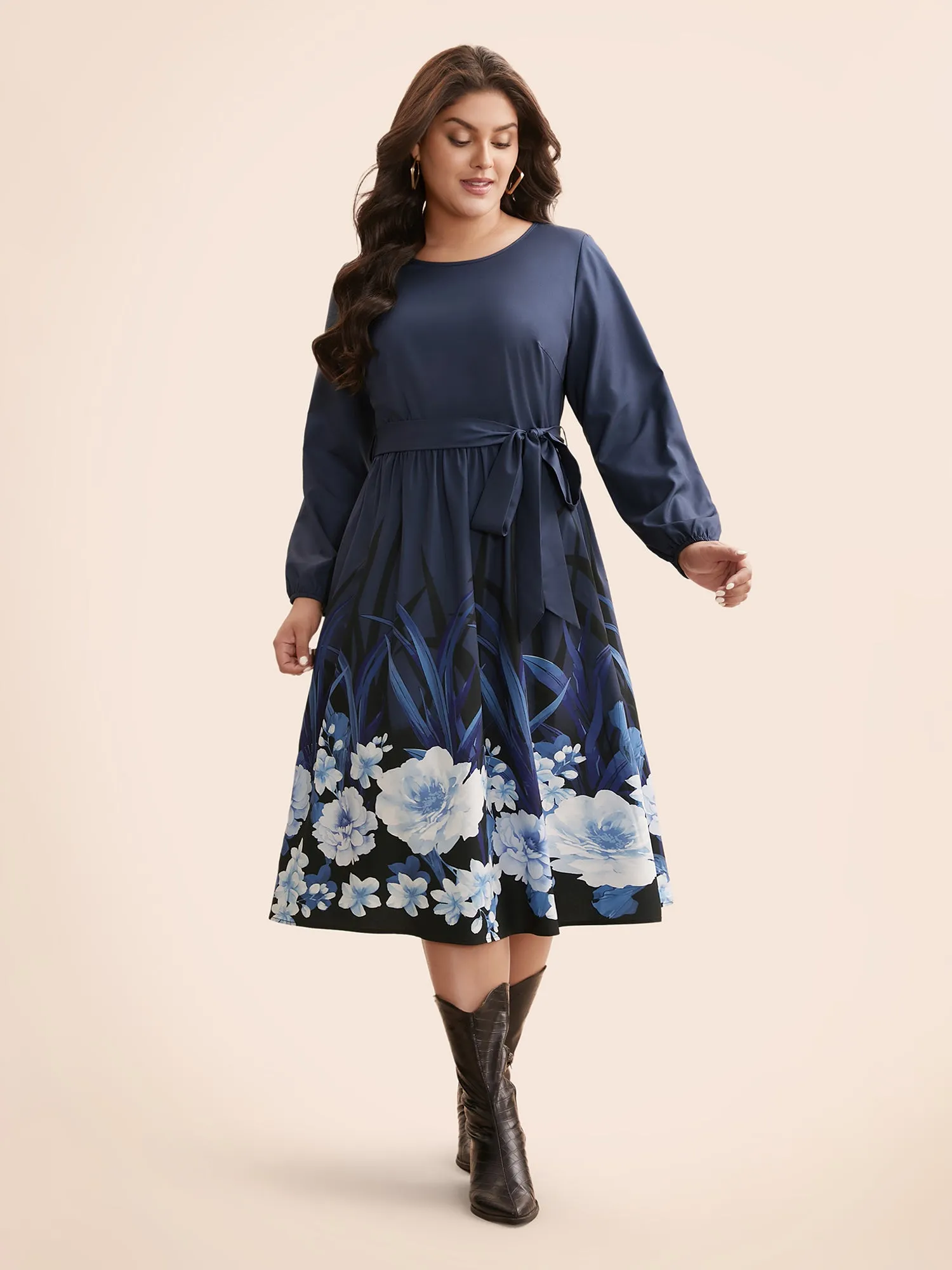Boho Print Belted Lantern Sleeve Dress sold by Bloomchic product image thumbnail 3