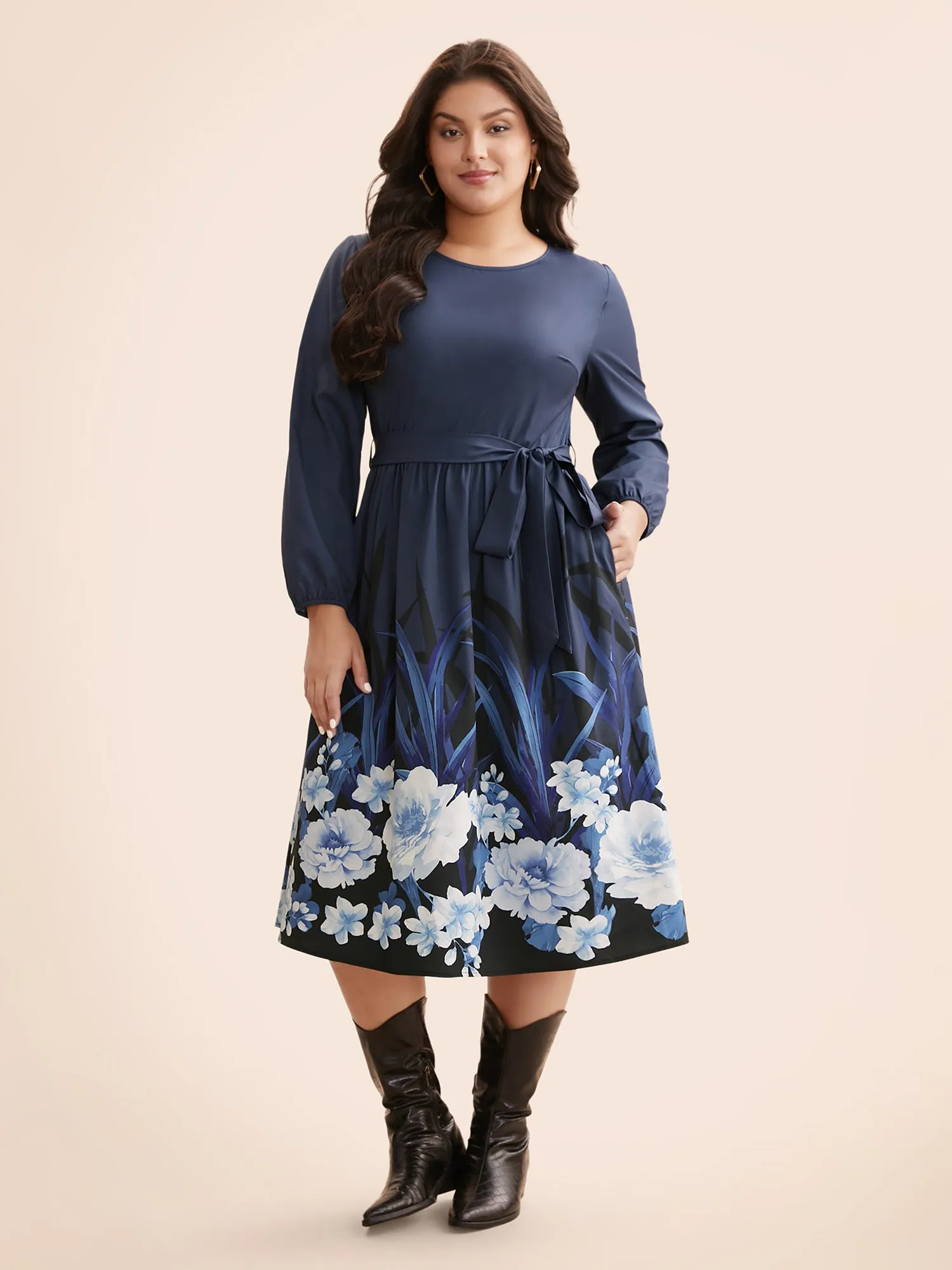 Boho Print Belted Lantern Sleeve Dress sold by Bloomchic
