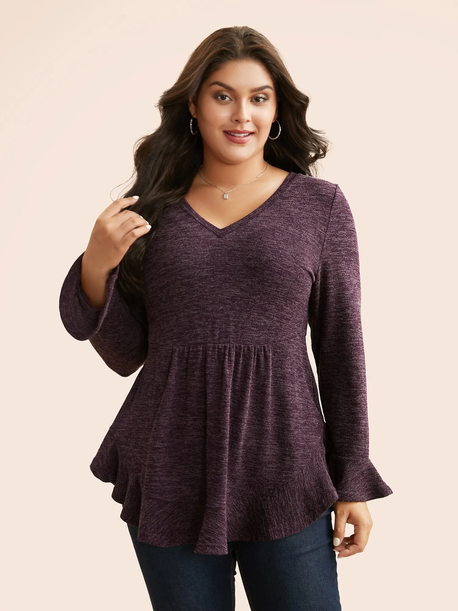 Heather Ruffle Sleeve Arc Hem Jersey Top sold by Bloomchic