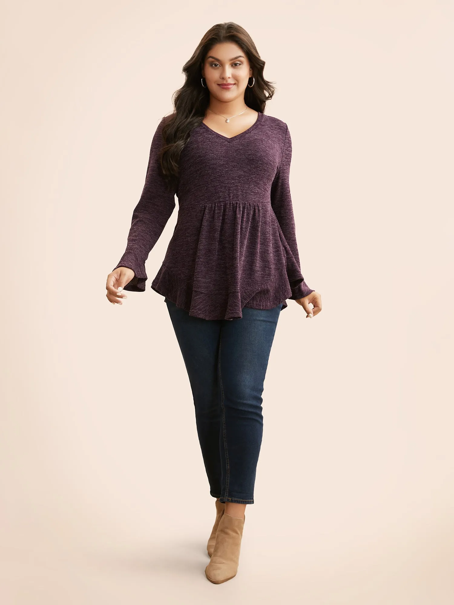 Heather Ruffle Sleeve Arc Hem Jersey Top sold by Bloomchic product image thumbnail 2
