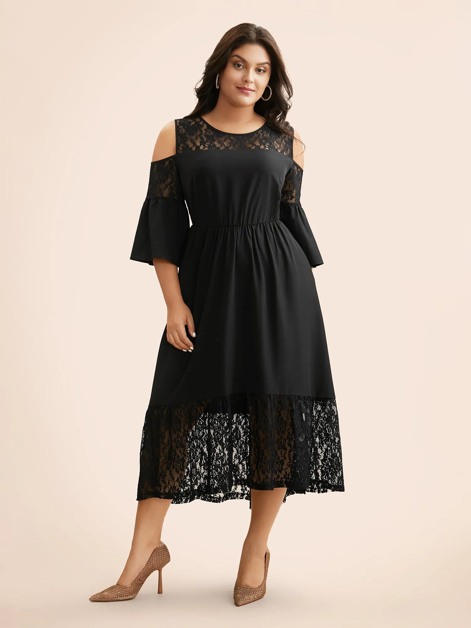 Crochet Lace Mesh Ruffle Sleeve Dress sold by Bloomchic