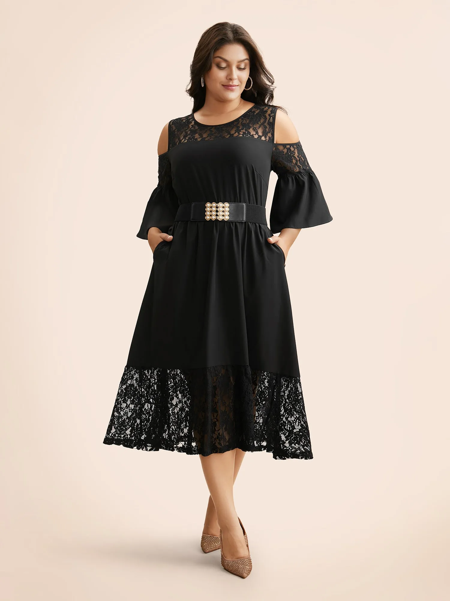 Crochet Lace Mesh Ruffle Sleeve Dress sold by Bloomchic product image thumbnail 3