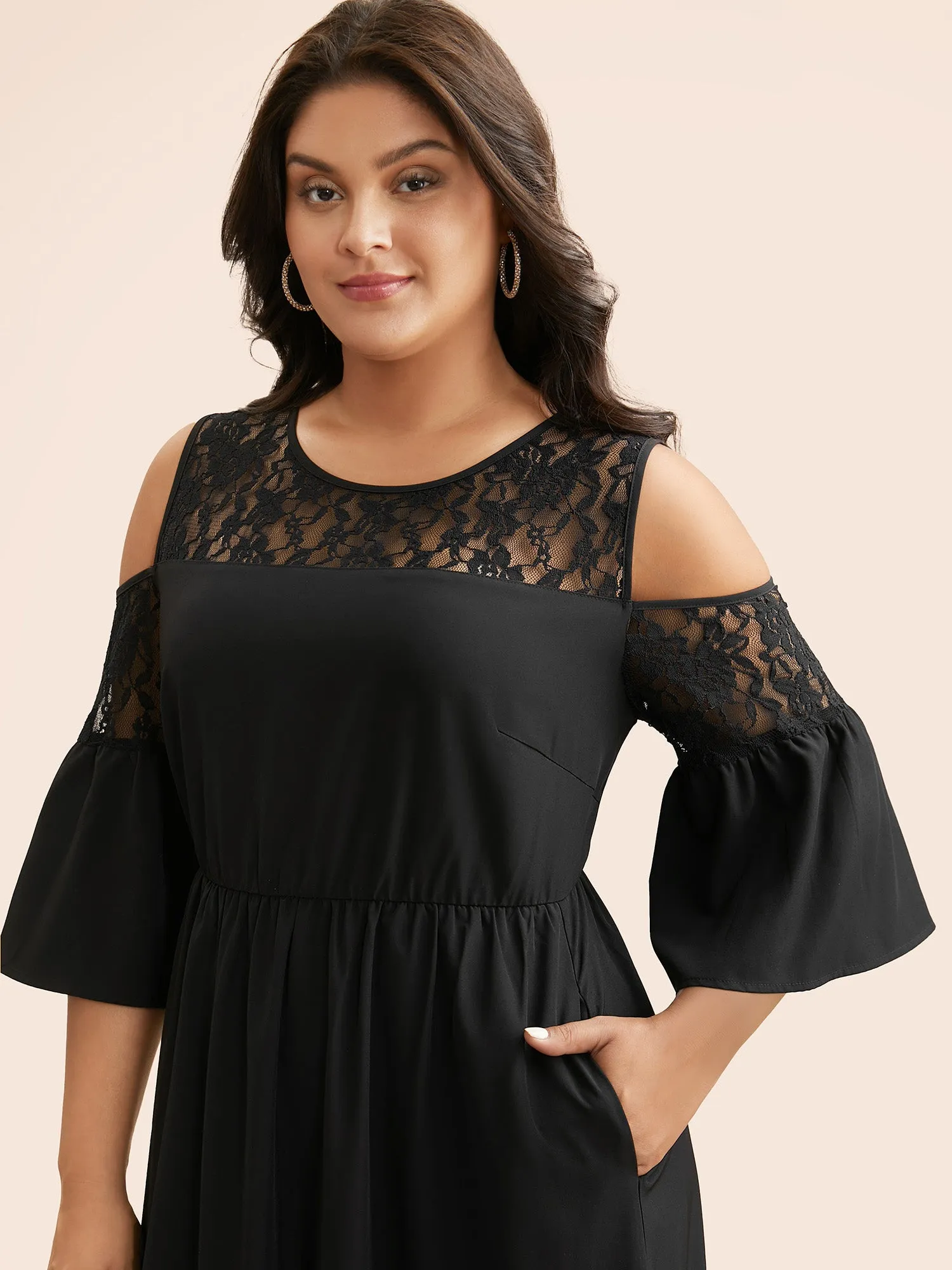 Crochet Lace Mesh Ruffle Sleeve Dress sold by Bloomchic product image thumbnail 2