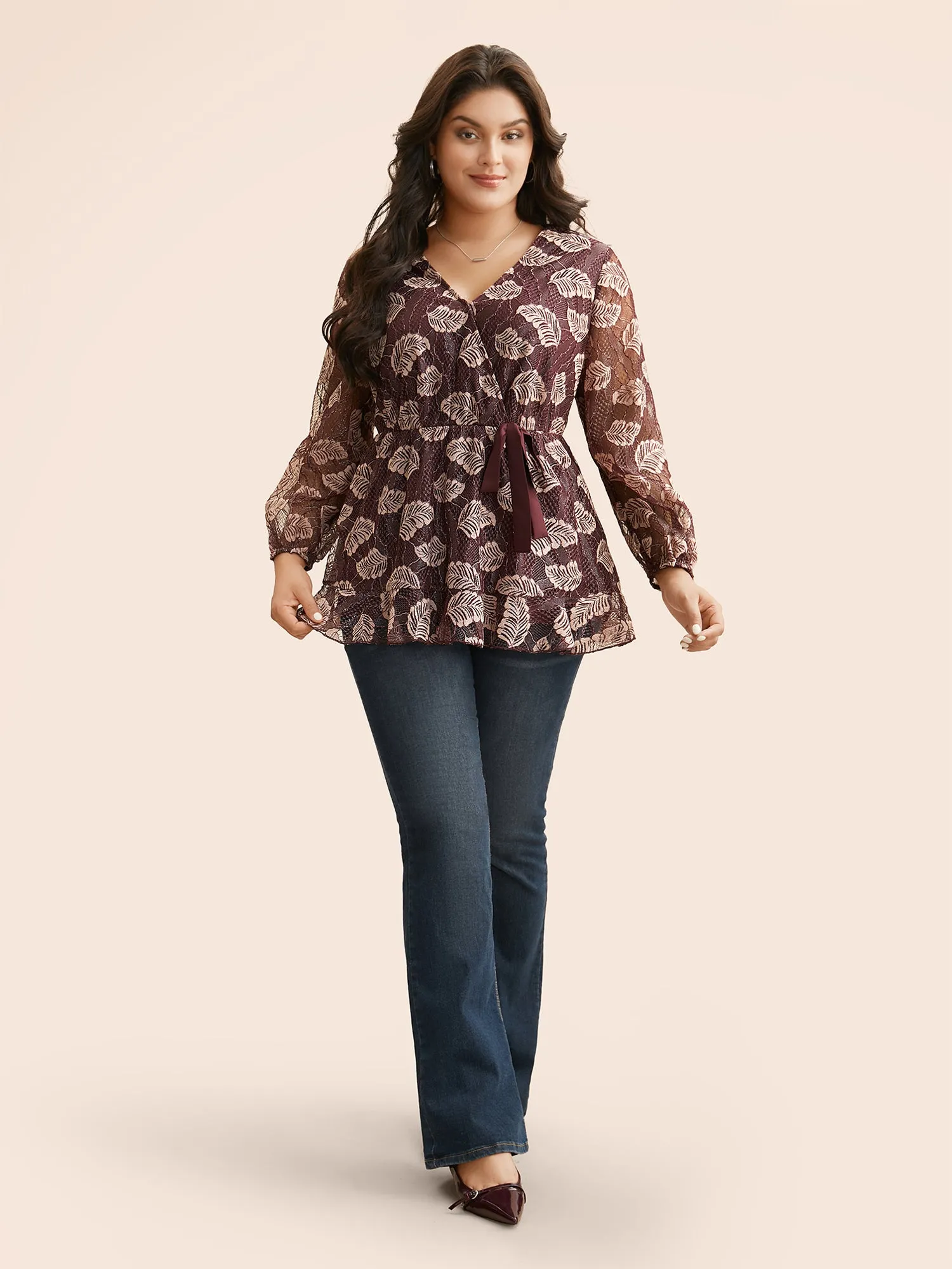 Leaf Print Mesh Tie Knot Blouse sold by Bloomchic product image thumbnail 2