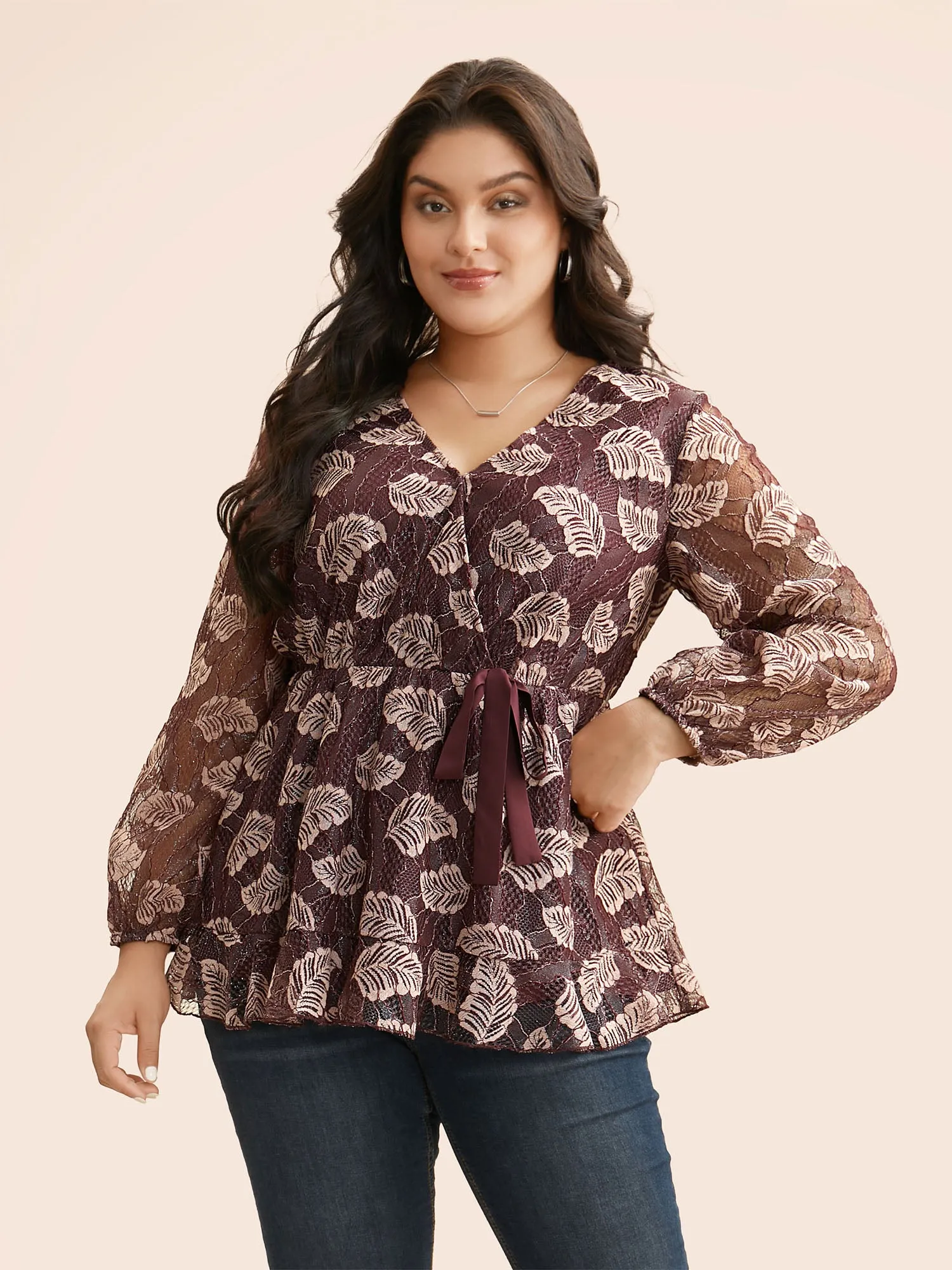 Leaf Print Mesh Tie Knot Blouse sold by Bloomchic