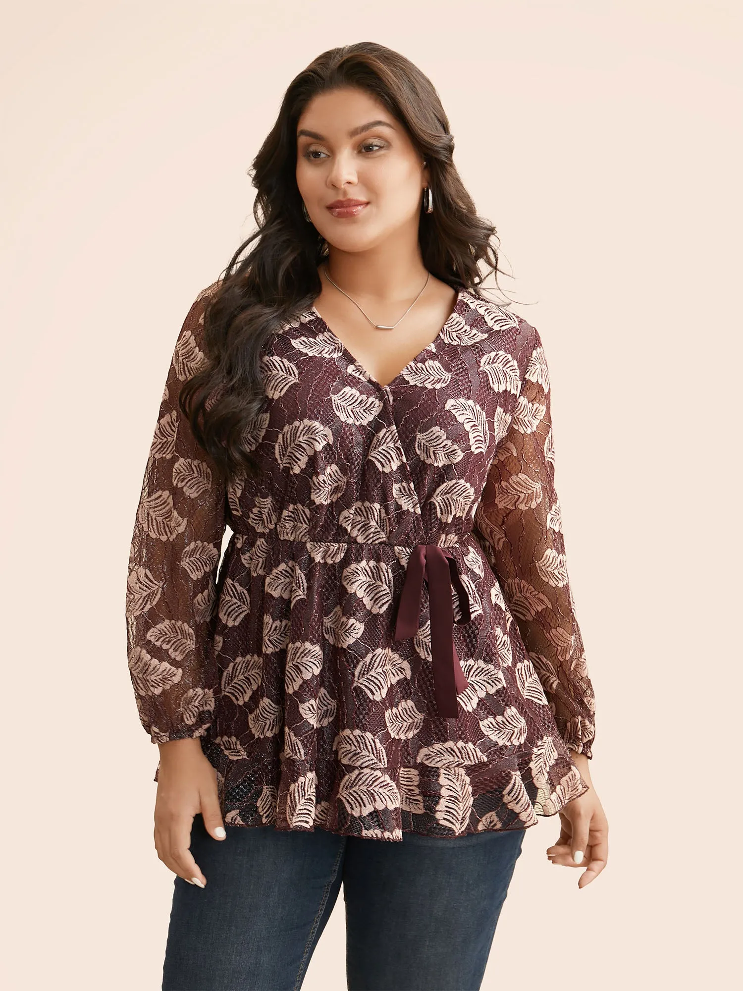 Leaf Print Mesh Tie Knot Blouse sold by Bloomchic product image thumbnail 3