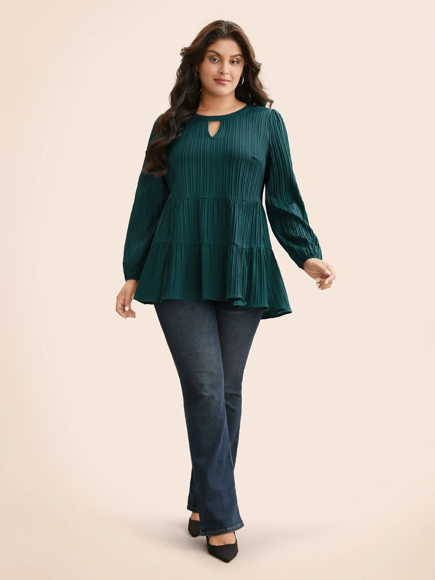 Textured Keyhole Pocket Lantern Sleeve Blouse sold by Bloomchic product image thumbnail 2