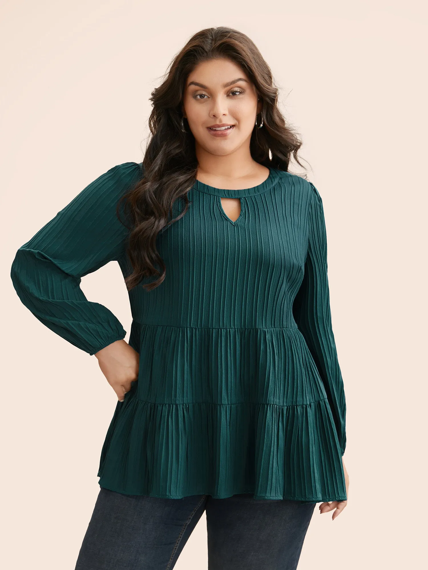 Textured Keyhole Pocket Lantern Sleeve Blouse sold by Bloomchic product image thumbnail 4