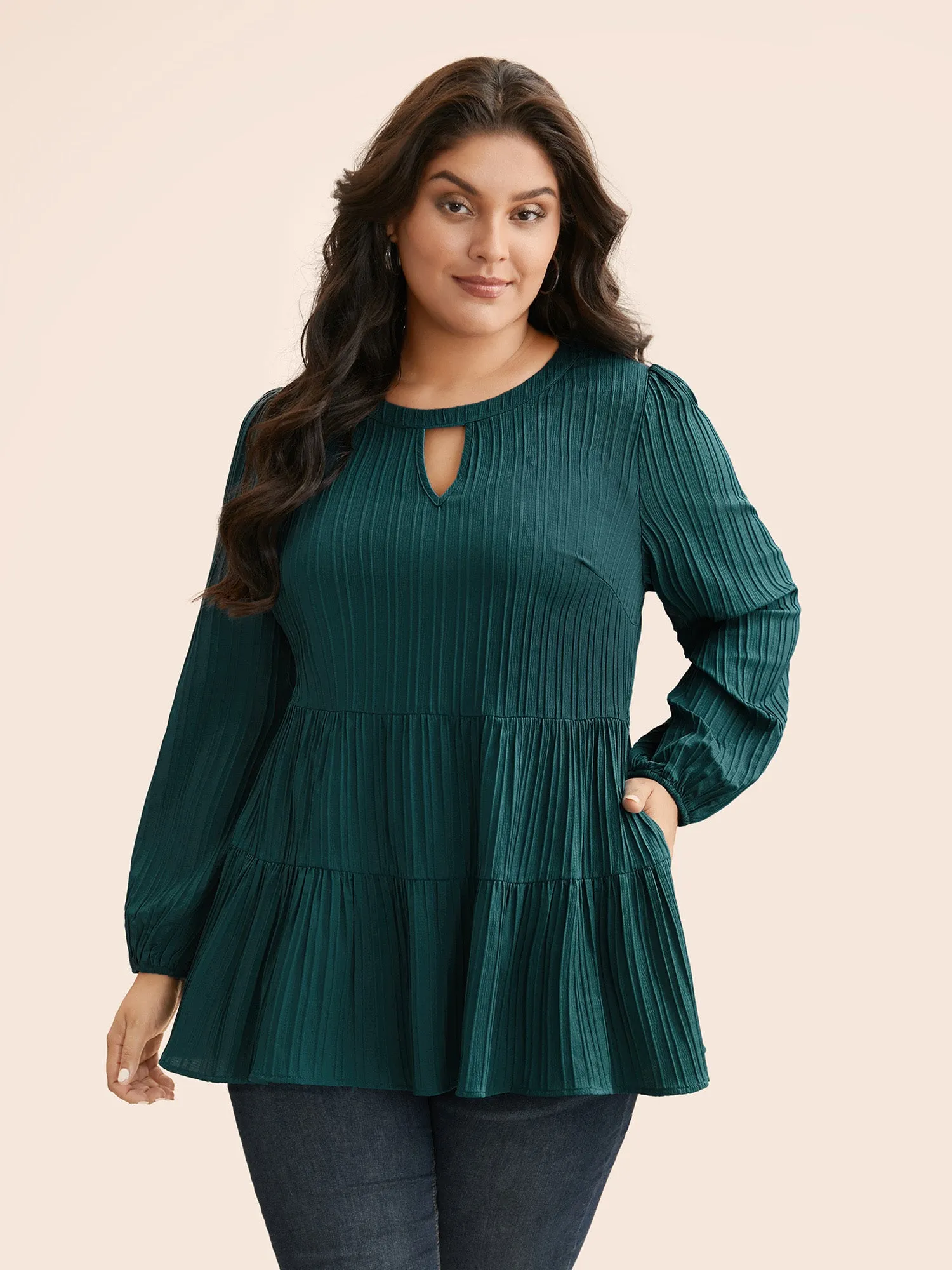 Textured Keyhole Pocket Lantern Sleeve Blouse sold by Bloomchic product image thumbnail 3