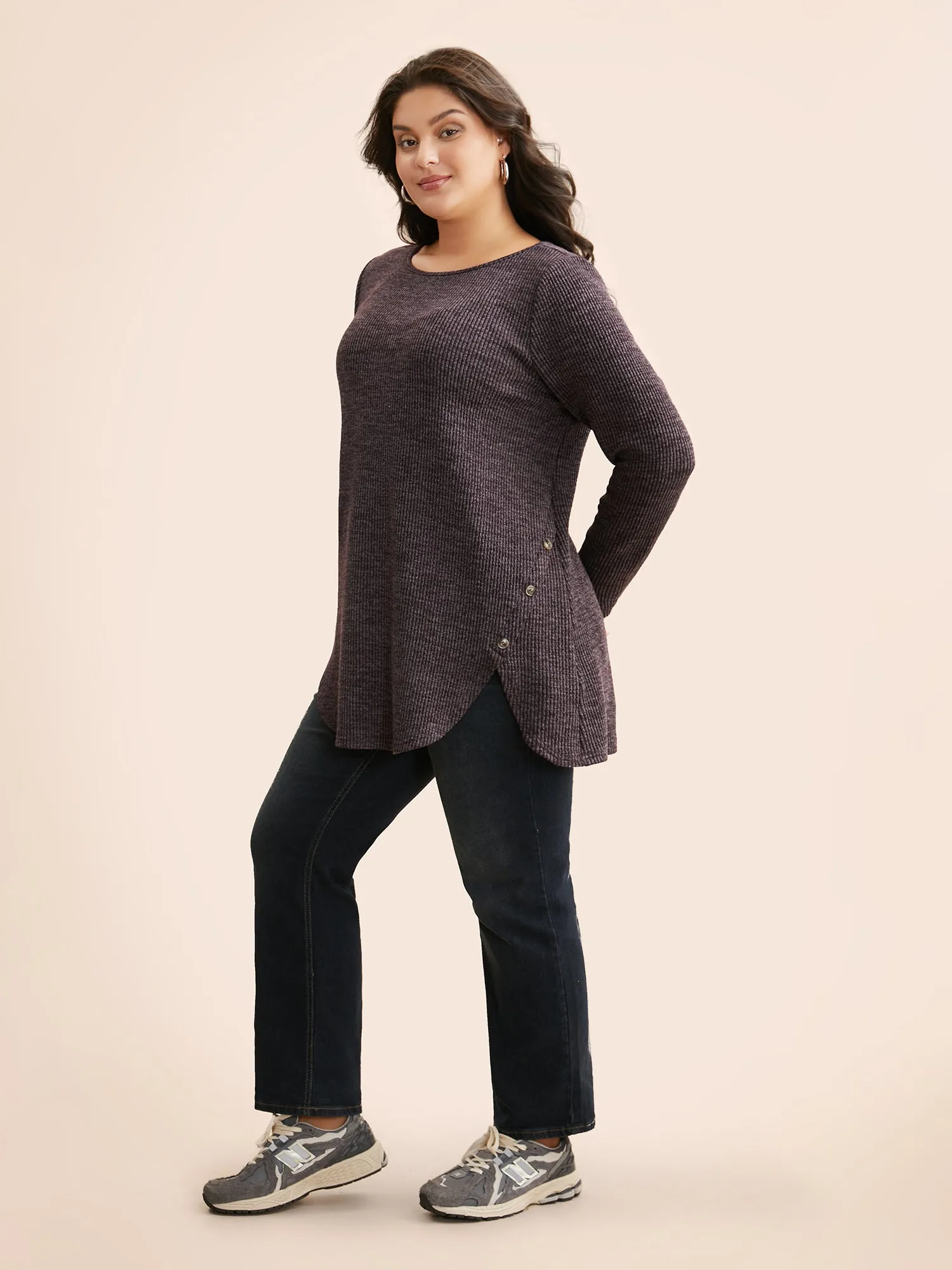 Textured Button Detail Curved Hem T-shirt sold by Bloomchic product image thumbnail 2