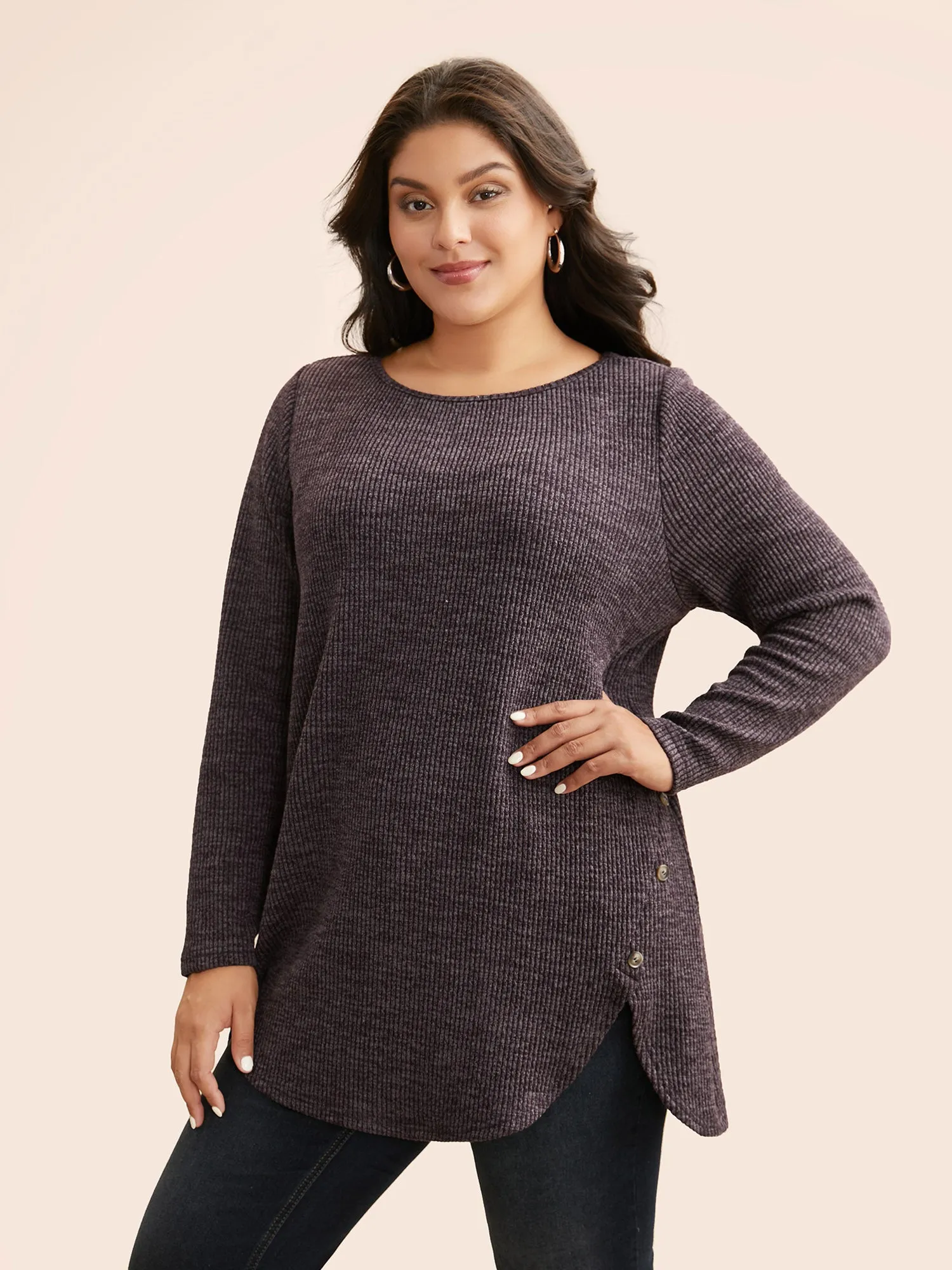 Textured Button Detail Curved Hem T-shirt sold by Bloomchic