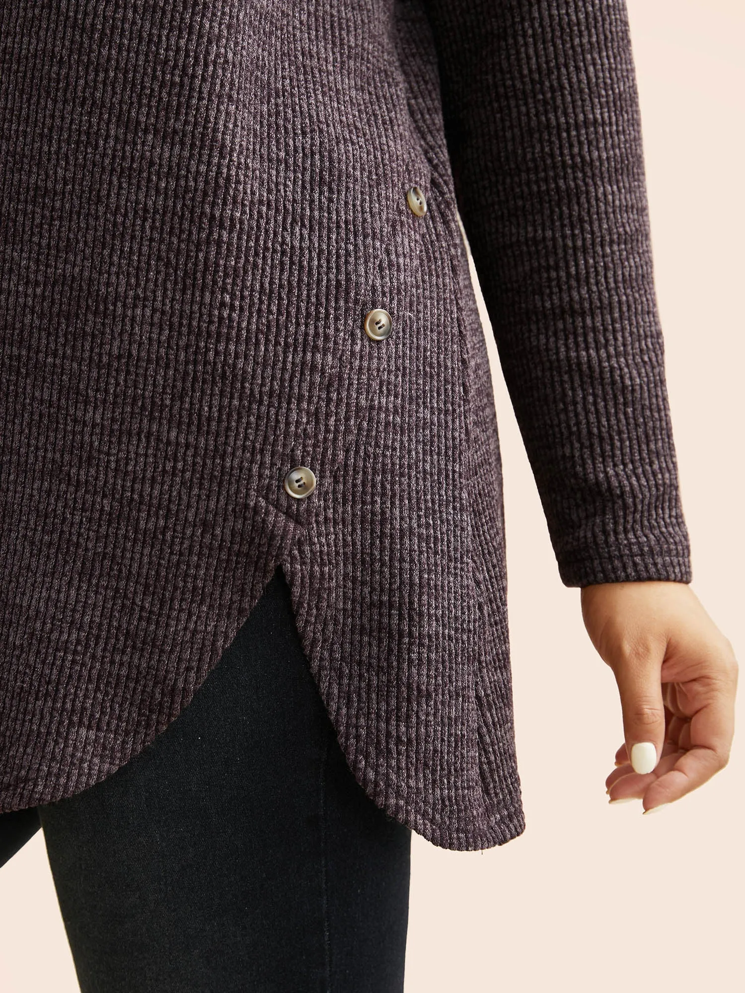 Textured Button Detail Curved Hem T-shirt sold by Bloomchic product image thumbnail 3