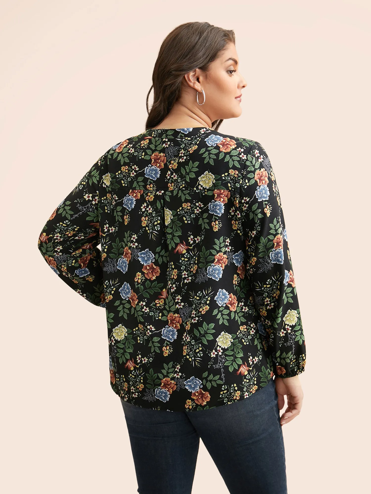 Floral Notched Pleated Lantern Sleeve Blouse sold by Bloomchic product image thumbnail 5