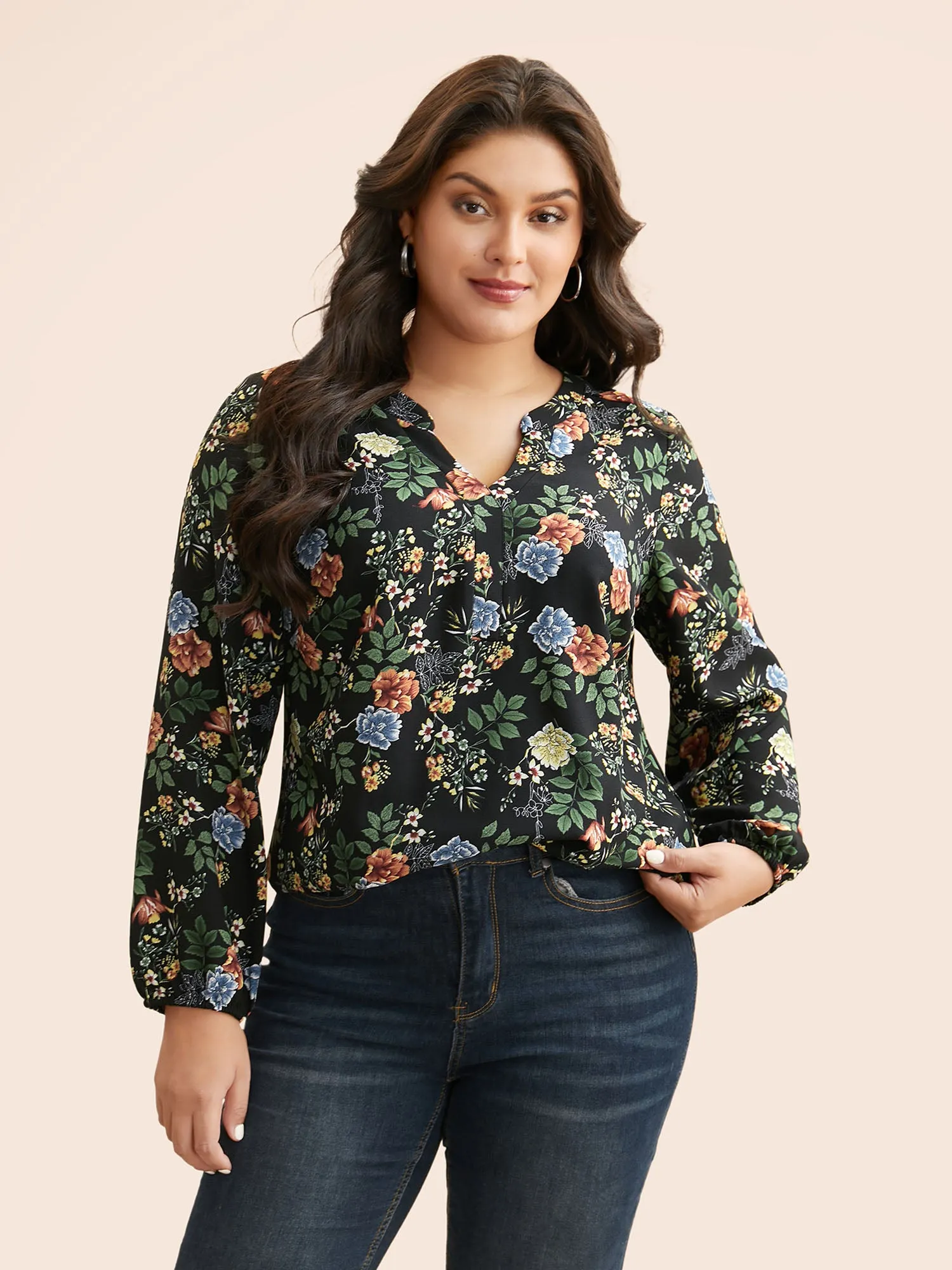 Floral Notched Pleated Lantern Sleeve Blouse sold by Bloomchic