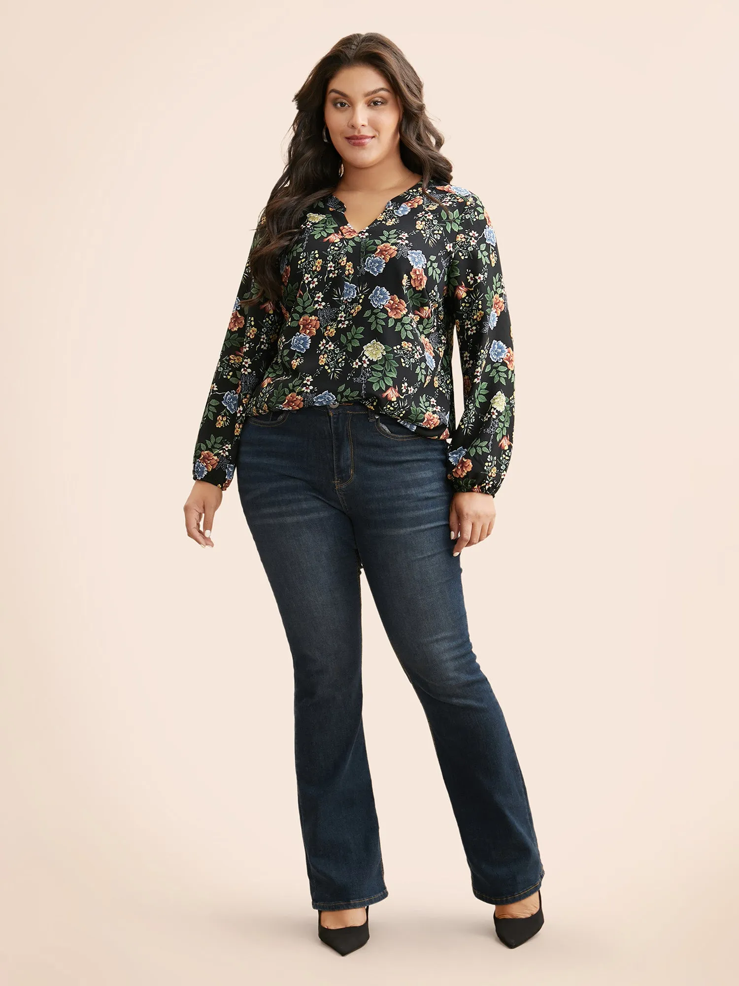 Floral Notched Pleated Lantern Sleeve Blouse sold by Bloomchic product image thumbnail 2