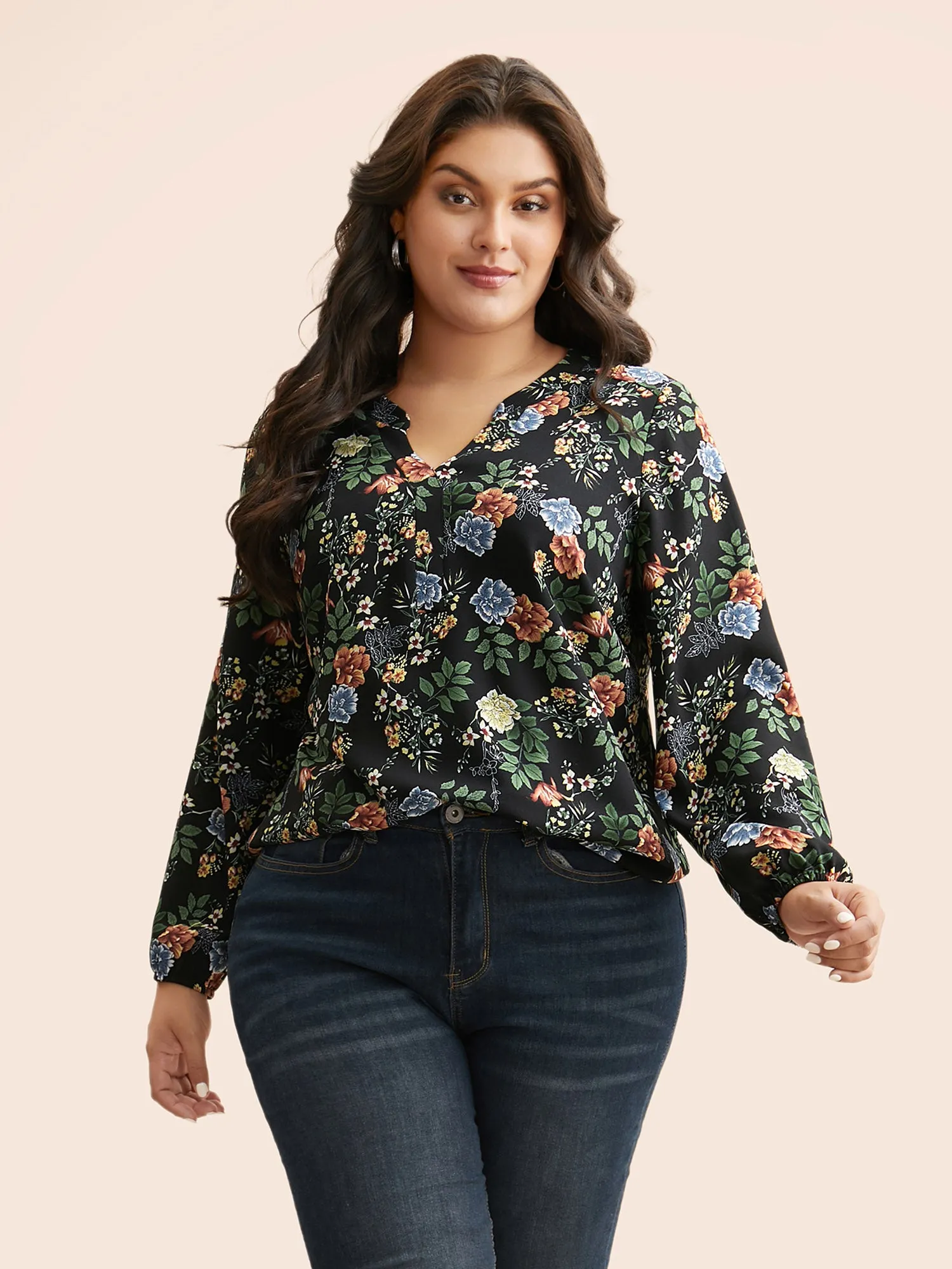 Floral Notched Pleated Lantern Sleeve Blouse sold by Bloomchic product image thumbnail 4