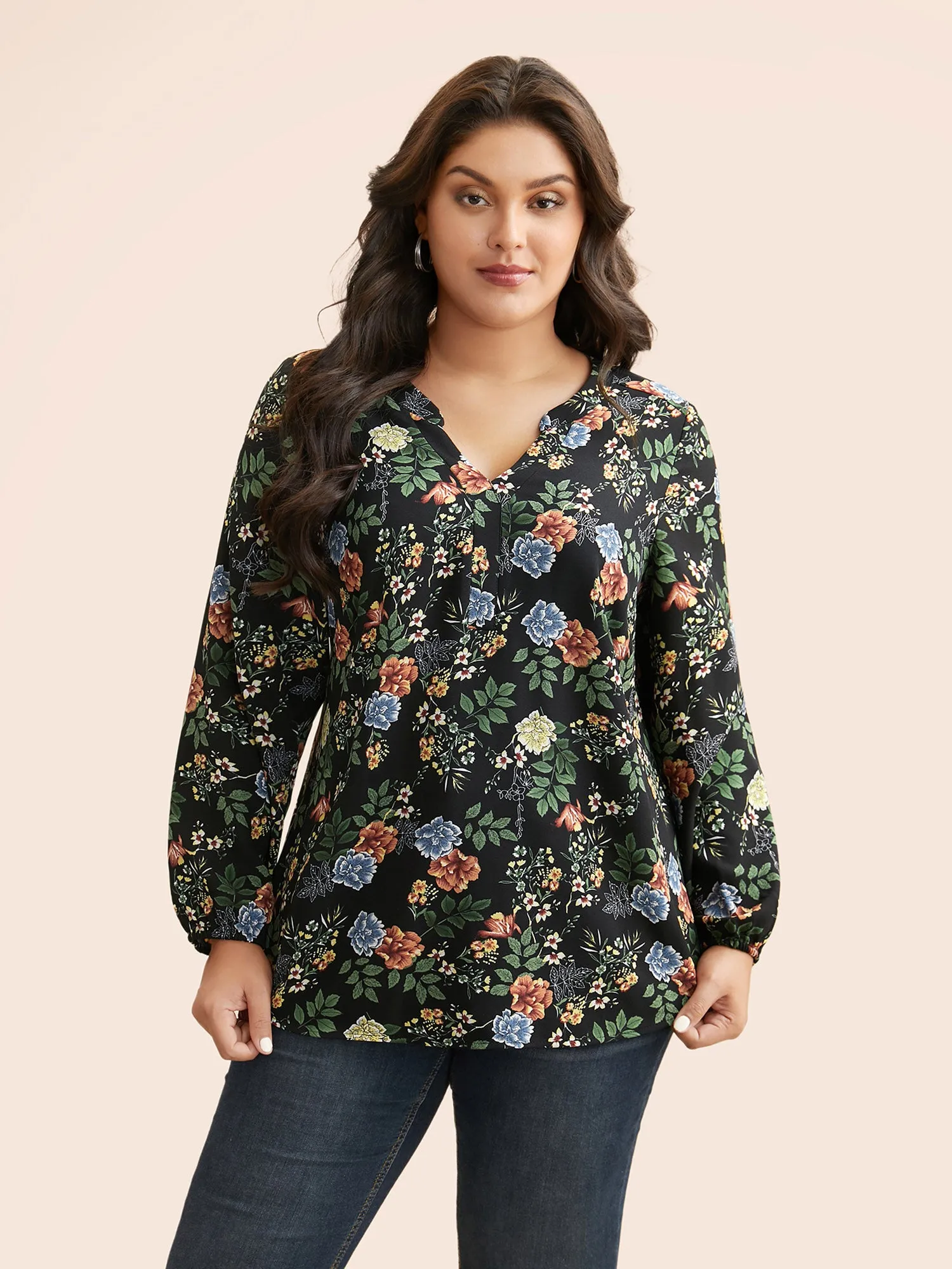 Floral Notched Pleated Lantern Sleeve Blouse sold by Bloomchic product image thumbnail 3