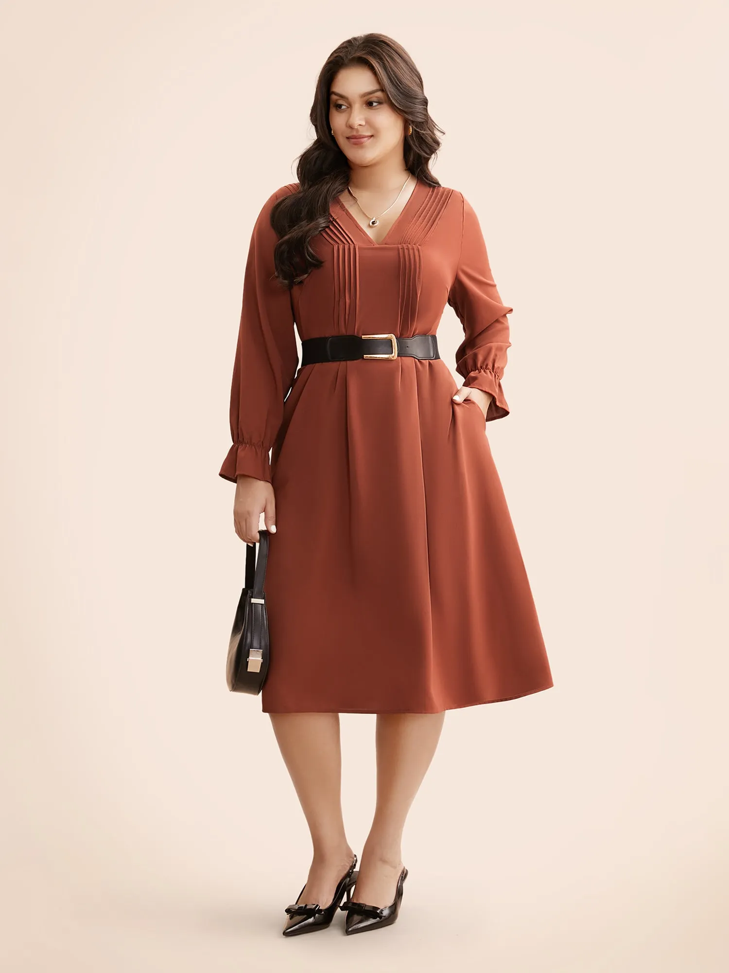 V Neck Pleated Lantern Sleeve Dress sold by Bloomchic