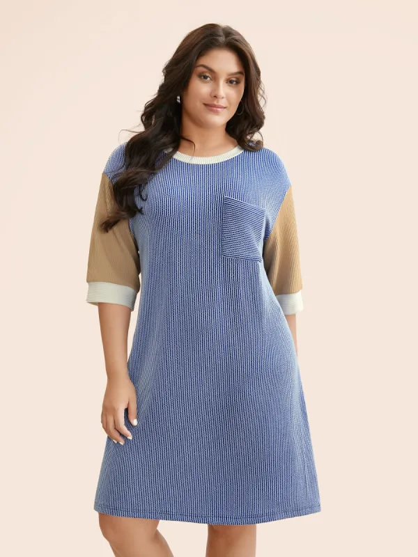 Texture Contrast Patchwork Patched Pocket Dress sold by Bloomchic