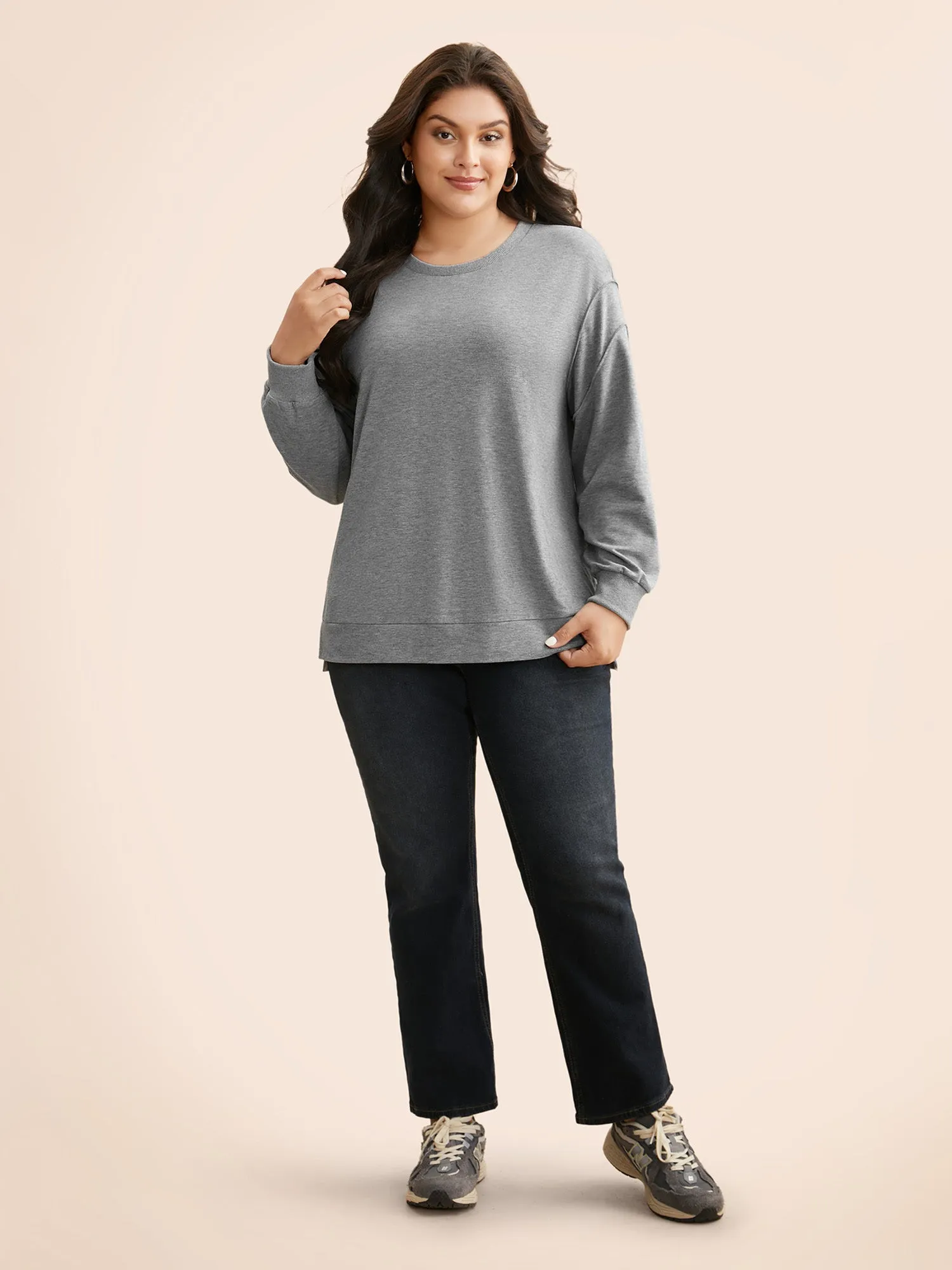 Round Neck Tucked Seam Slit Hem Sweatshirt sold by Bloomchic product image thumbnail 5